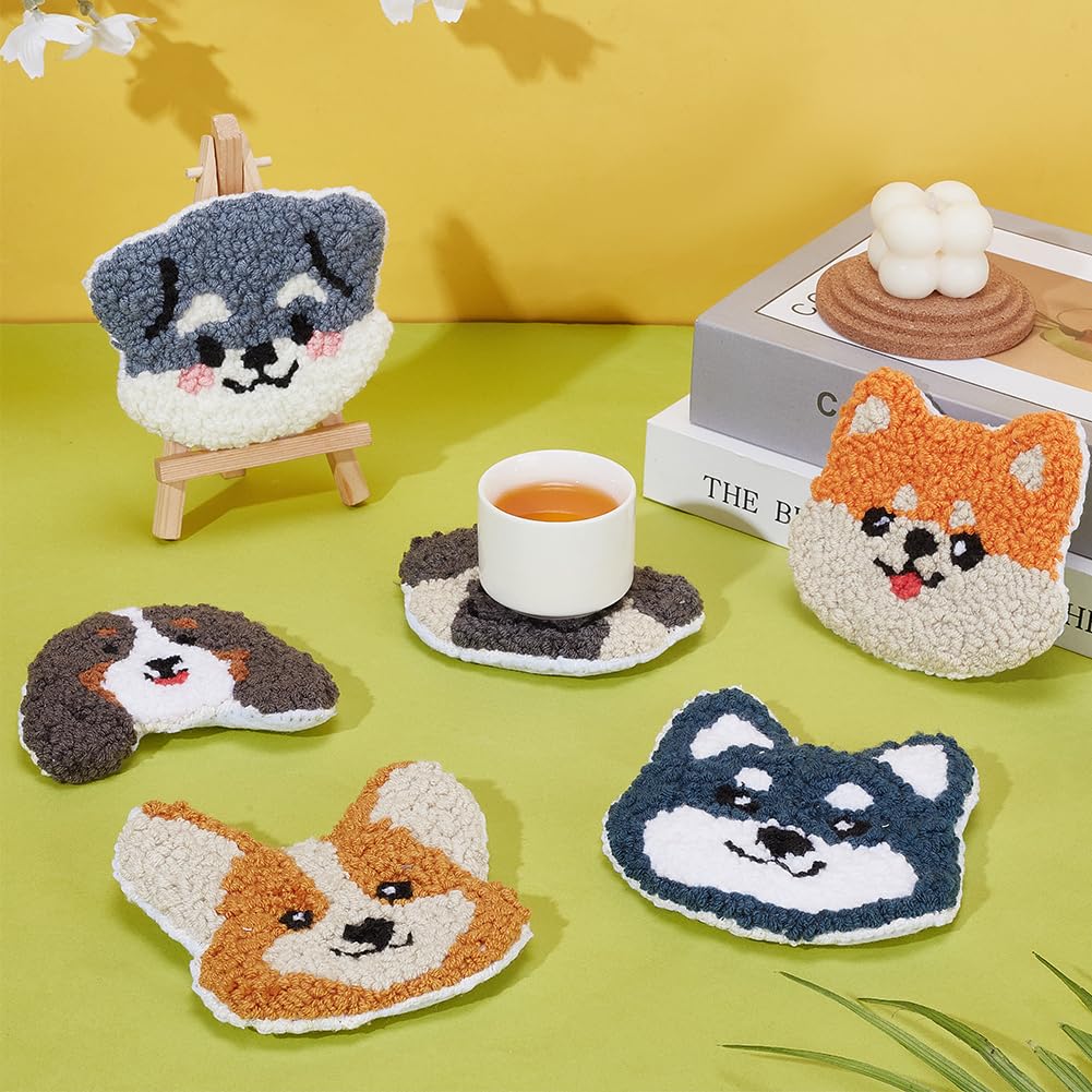 ORIGACH 6 Stück Stanznadel Untersetzer Starter Kit für Anfänger mit Anleitung, DIY Punch Needle Handwerk Stickerei Kit mit Filz Garne Stanznadelstoff, Welpenmotiv