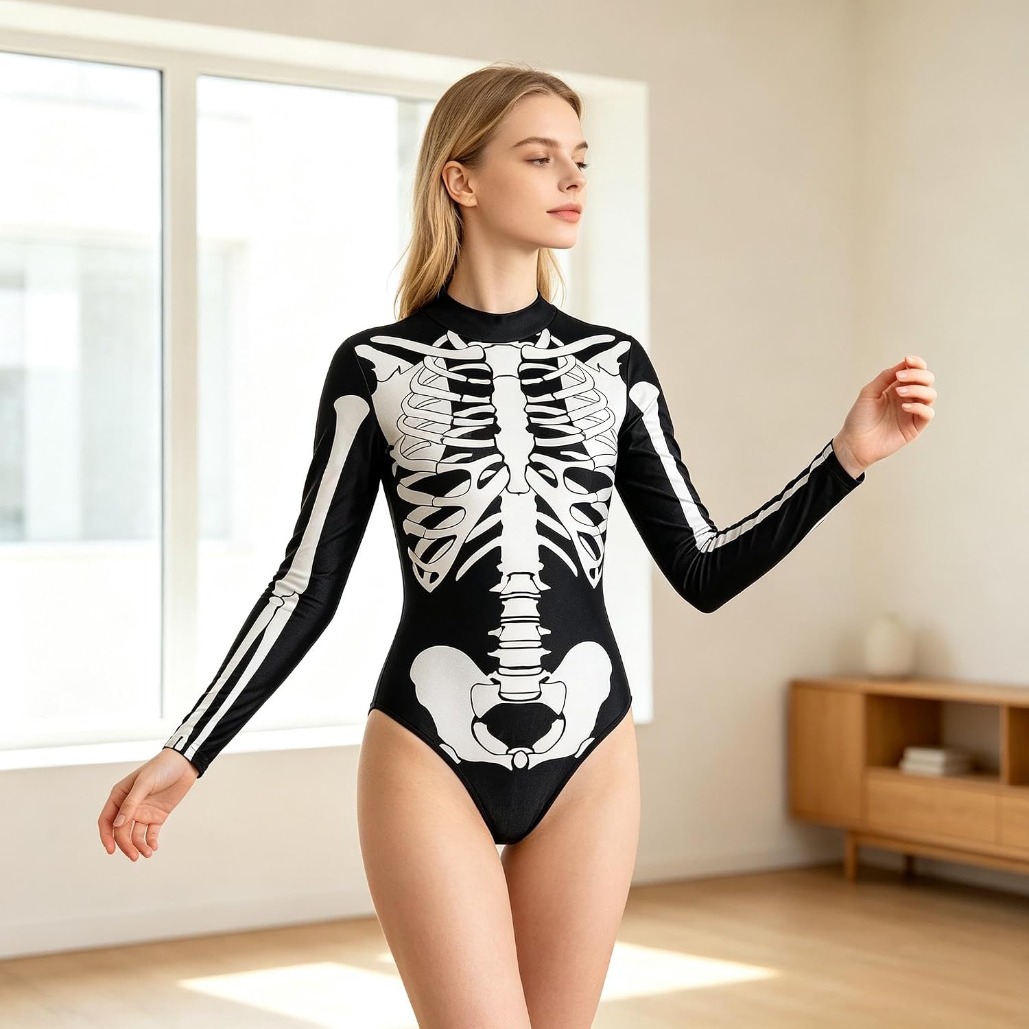 Women's Skeleton Halloween Costume Bodysuit, Long Sleeve Full-Body Skull Print Jumpsuit Catsuit for Cosplay Party