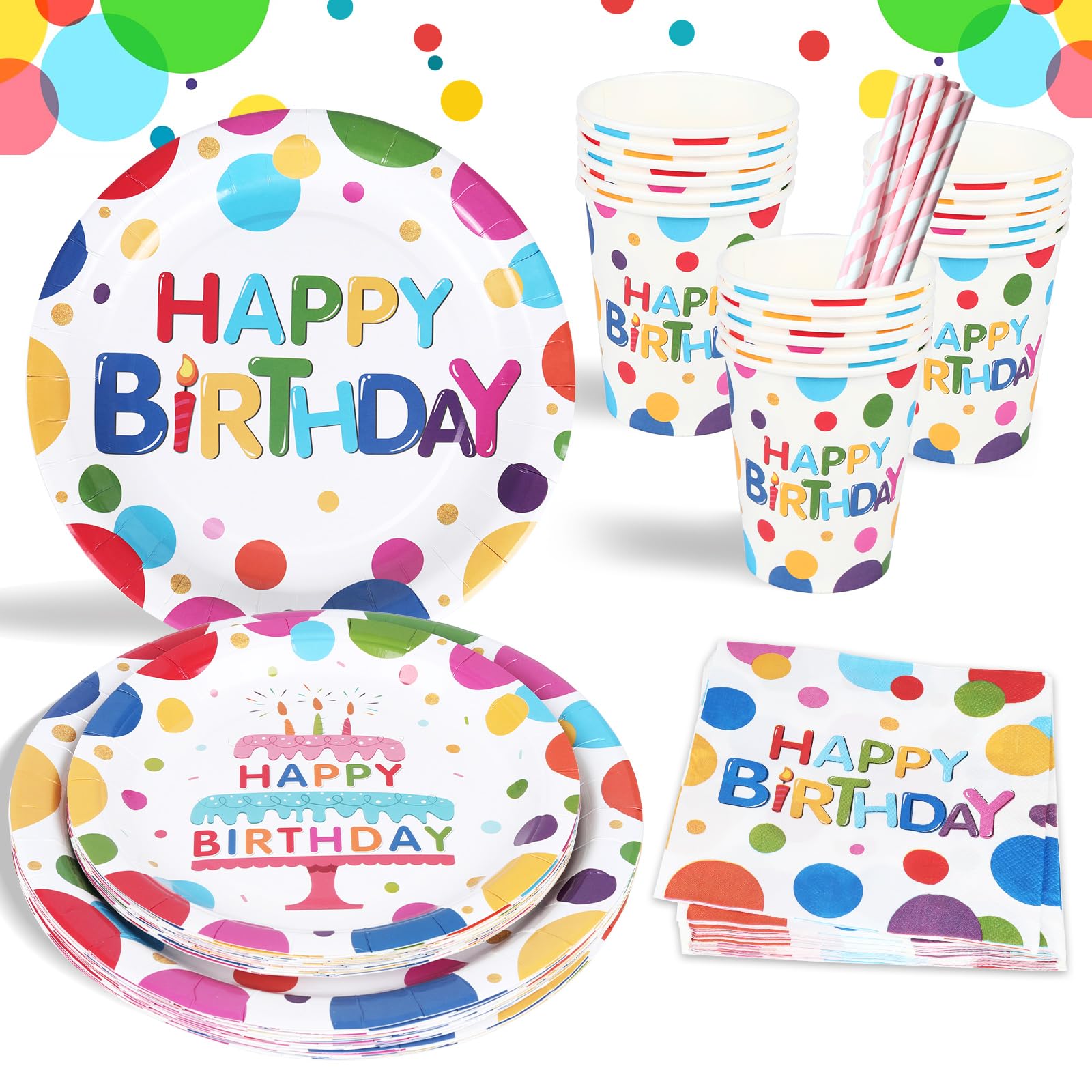 100 Pcs Rainbow Birthday Party Tableware Set - Disposable Paper Plates Cups Napkins Straws for Kids Birthday Party Supplies, Colourful Party Pack for Boys Girls Adults Wedding Baby Shower Picnic
