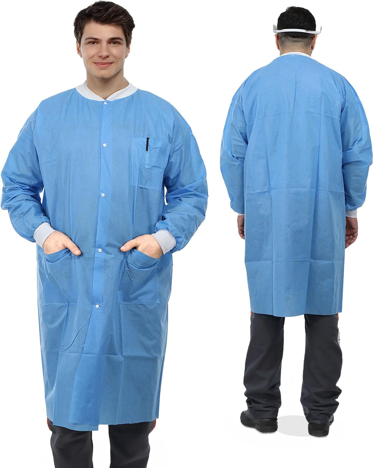 Omnia Dental Disposable Lab Coats | Durable SMS 45g Soft Knit Cuffs & Collar With 3 Pockets | Knee Length Medical Lab Coat