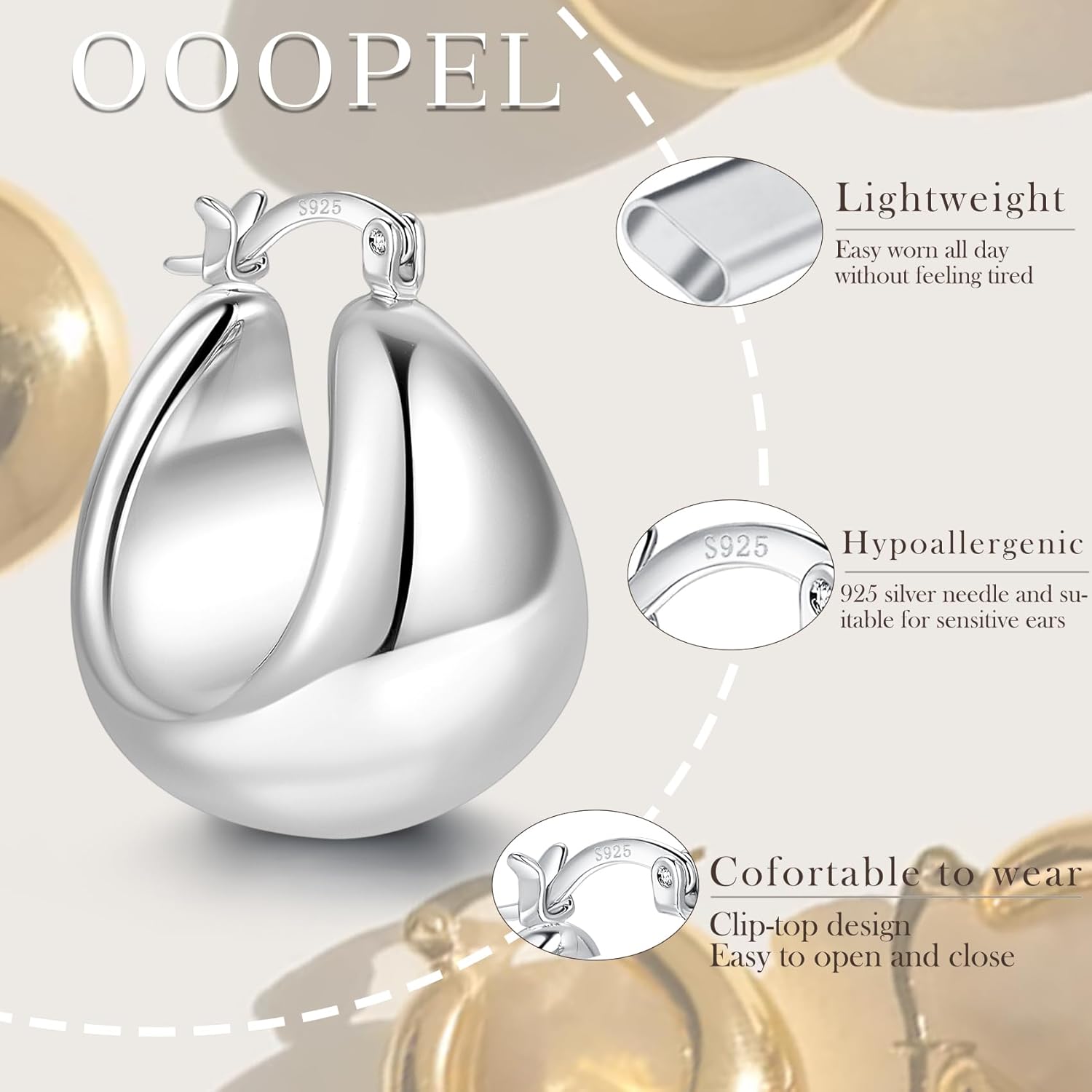 OOOPEL Gold Hoop Earrings for Women,925 Sterling Silver Chunky Hoop Earrings Hypoallergenic Lightweight 14K Gold Plated Thick Gold Hoops for Women 22mm 26mm - Image 3