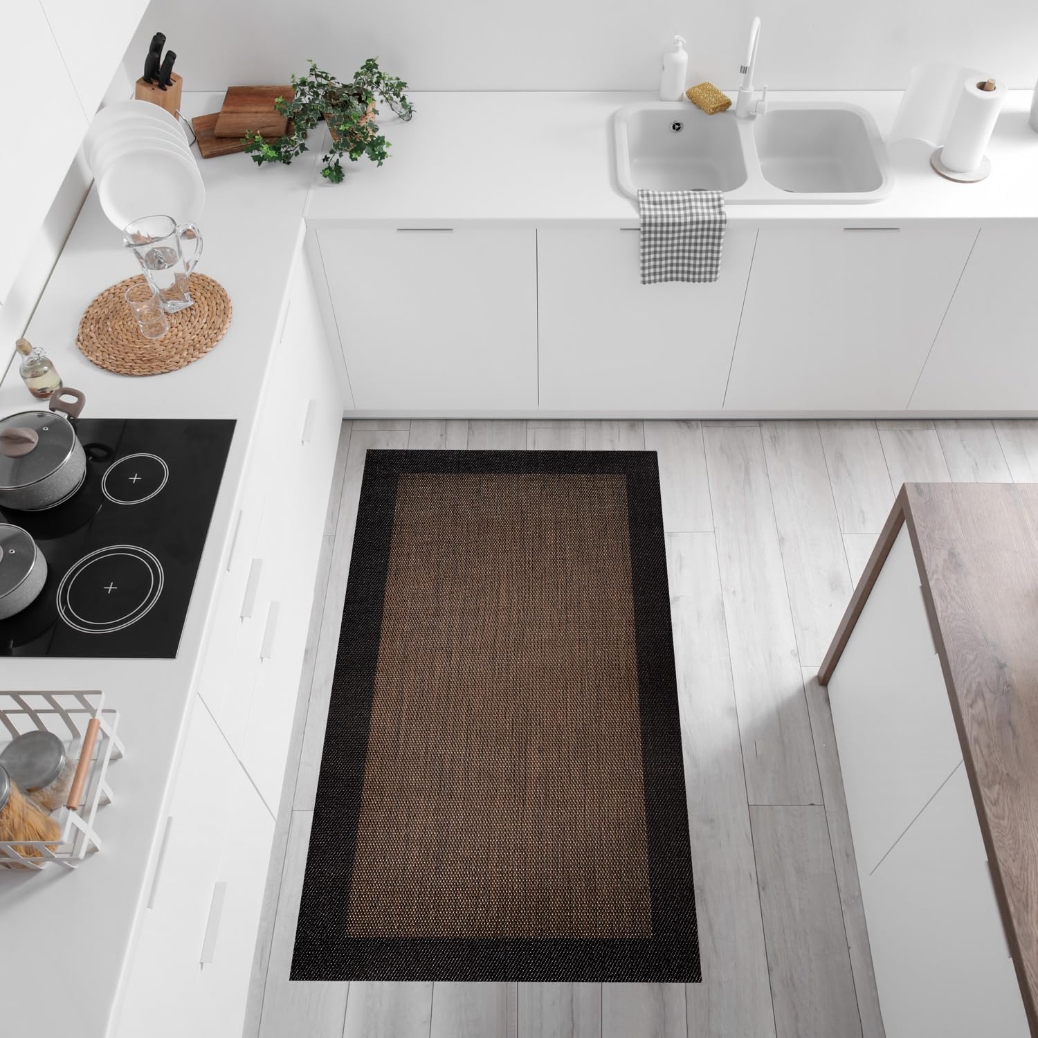 STORESDECO Tapis Vinyle Cuisine Lavable Antidérapant. Tapis Premium Couloir Tressé Extra-Plat Antitaches Ultra Résistant pour Cuisine Salle de Bain Entrée Haute Qualité Couleur Bronze-Noir 120x180 cm