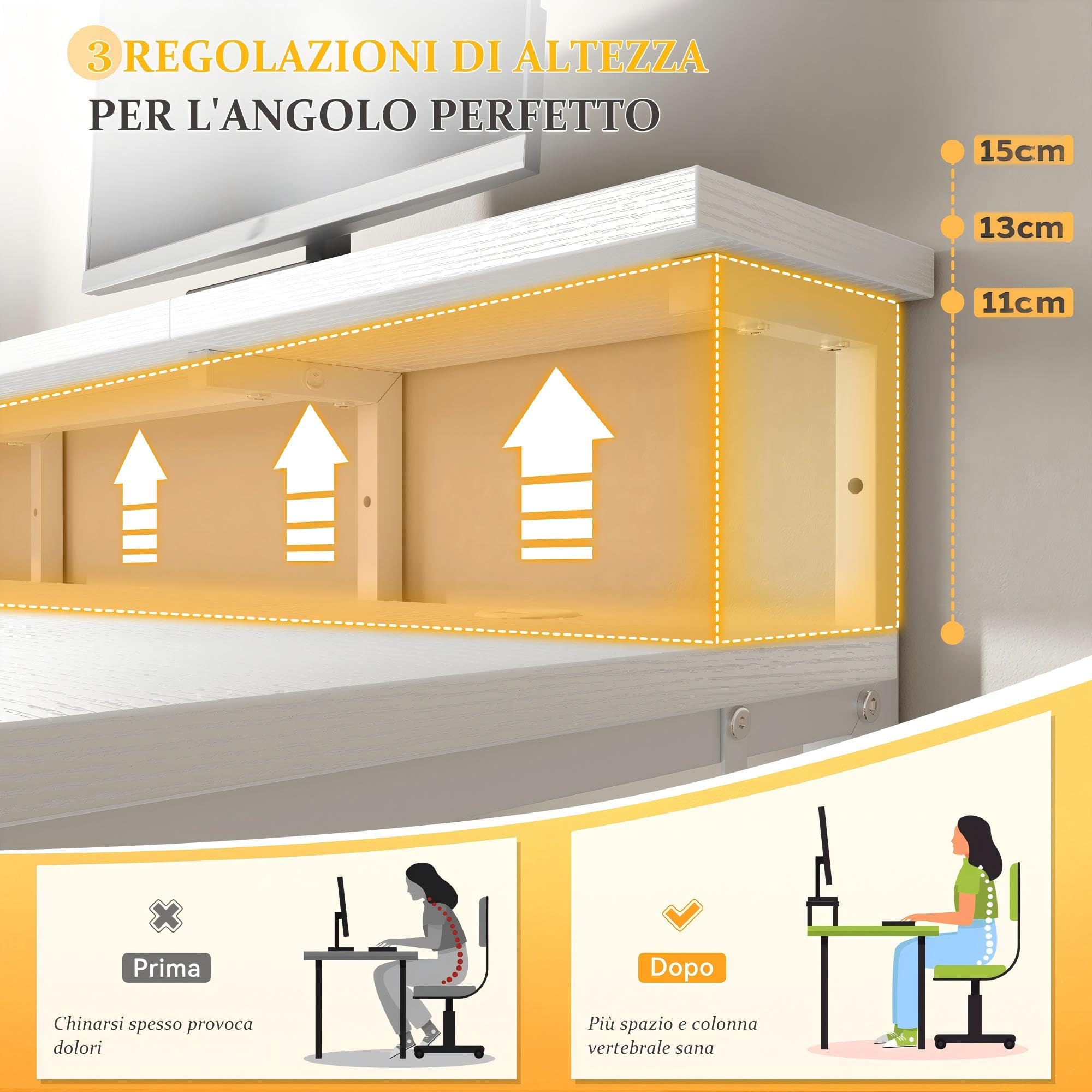 140x48 cm Rettangolare Scrivania per Studiare, Lavoratori, Bianco | Ergonomia Scrivania con 2 Cassetti, 1 Organizzatore Appeso, Supporto per Monitor, 3 Altezza regolabile, Gancio per Gaming