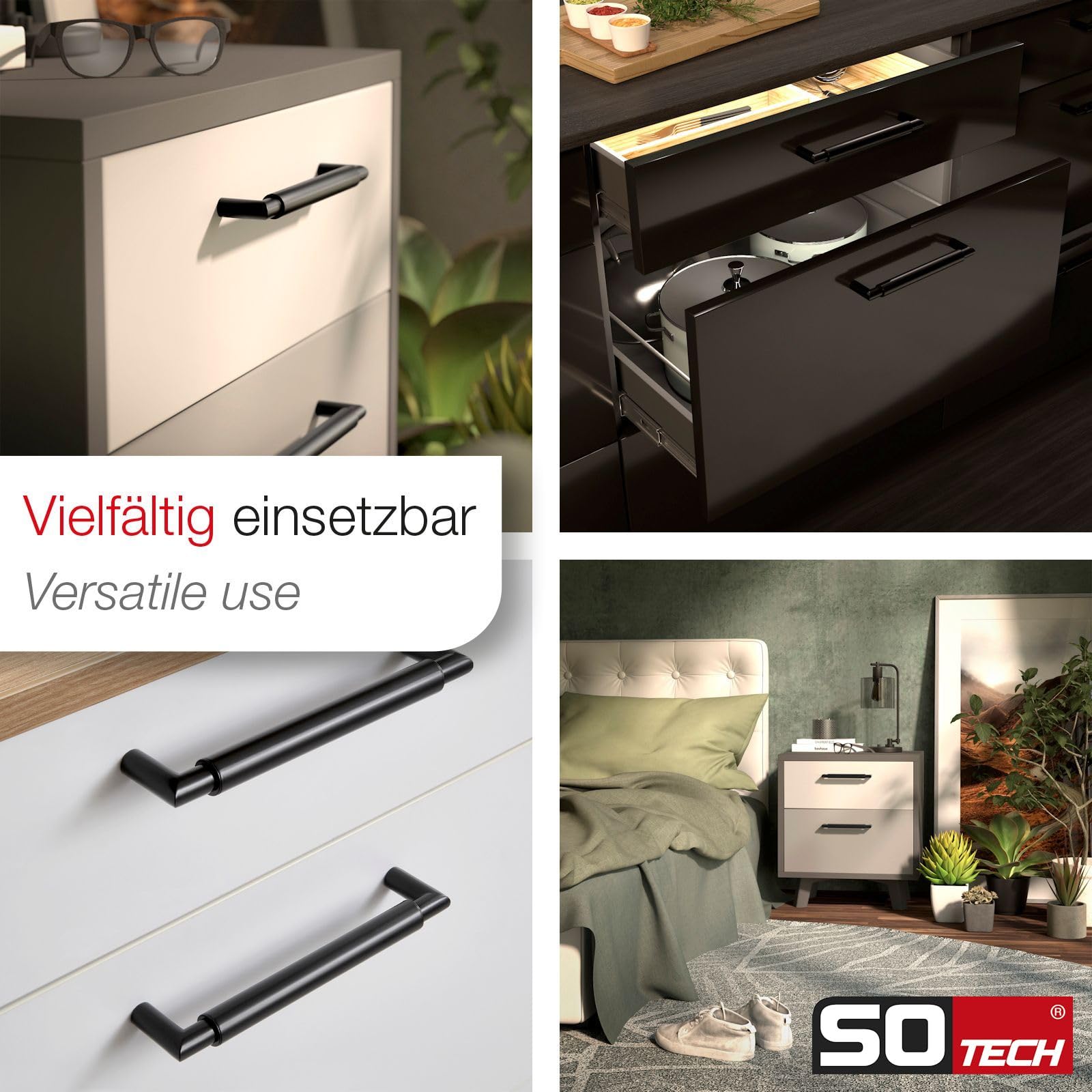 10 x SO-TECH® Möbelgriff Relinggriff E9 echt Edelstahl schwarz matt BA 480 mm/Ø 16 mm mit Sockeln aus Metall