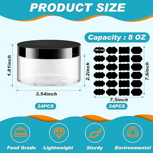 Miniatura 2 de Dandat 24 piezas 8 oz tarro de plástico con tapa y etiqueta recargable, recipientes vacíos redondos transparentes de PET para muestras cosméticas de