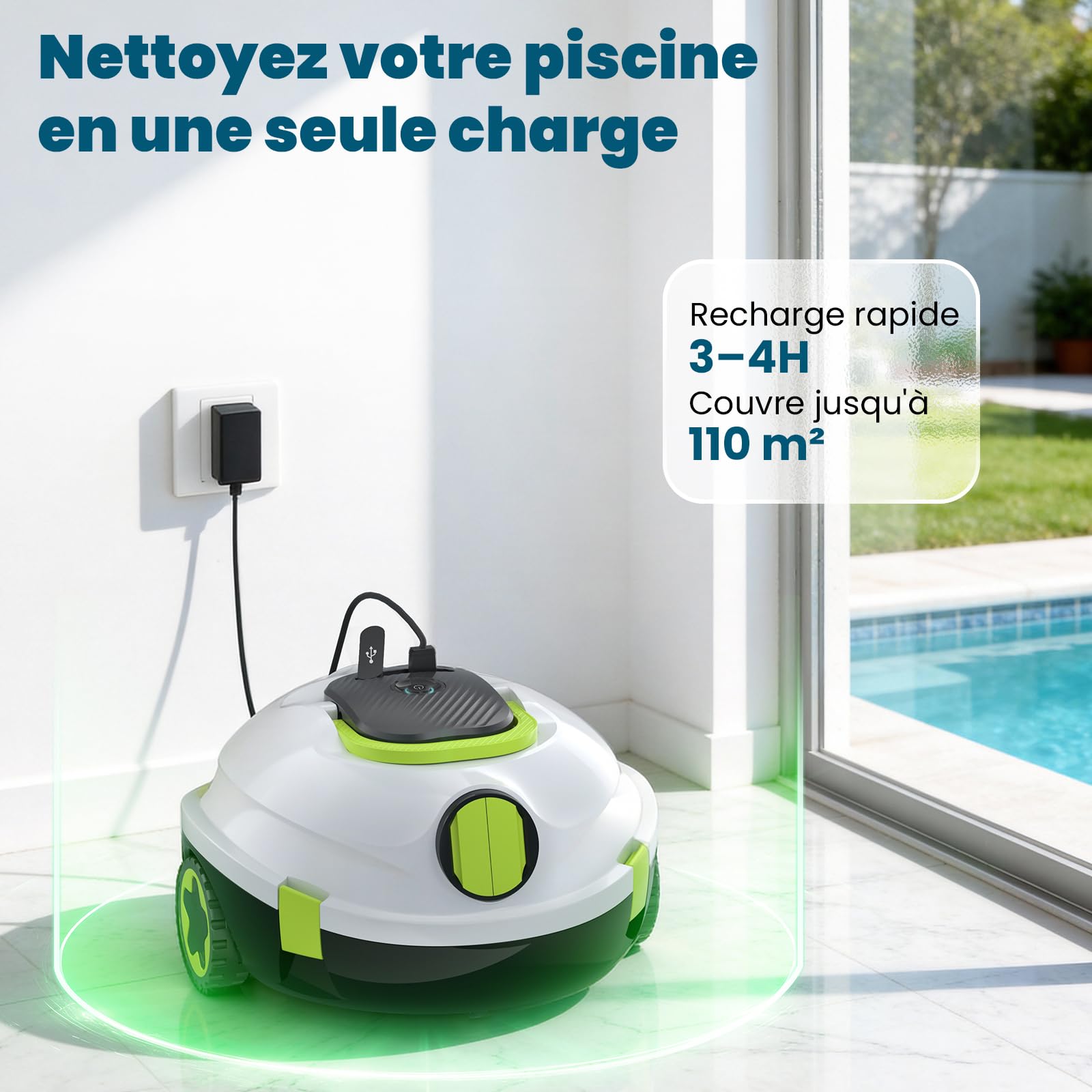 Robot Nettoyeur de Piscine sans Fil | Aspirateur de Piscine Automatique, 120 Min d'autonomie, Auto-Stationnement & Ultra Léger | Robot pour Piscine Hors-Sol ou Enterrée à Fond Plat jusqu'à 110 m²(BL)