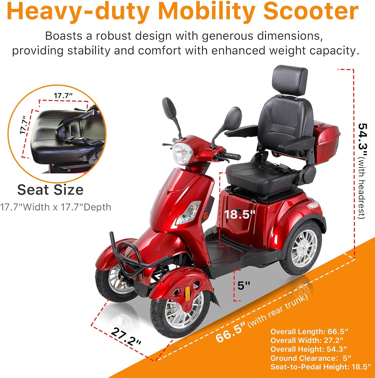 Diagram showing the dimensions of the ZVGREEN XL-4L mobility scooter, including overall length, width, height, seat size, ground clearance, and seat-to-pedal height