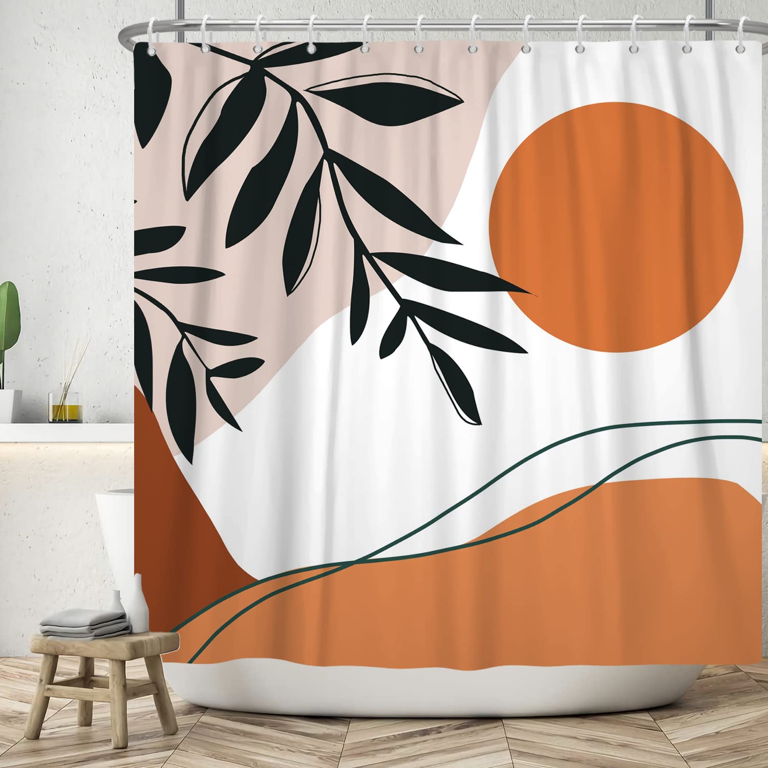 Ttincceer 183x188cm Mid Century Shower Curtain Abstract Boho Watercolor Sun Palm Leaf Bathroom Curtain Abstract Tropical Plant Leaves Shower Curtains Washable Tub Curtain — image 1