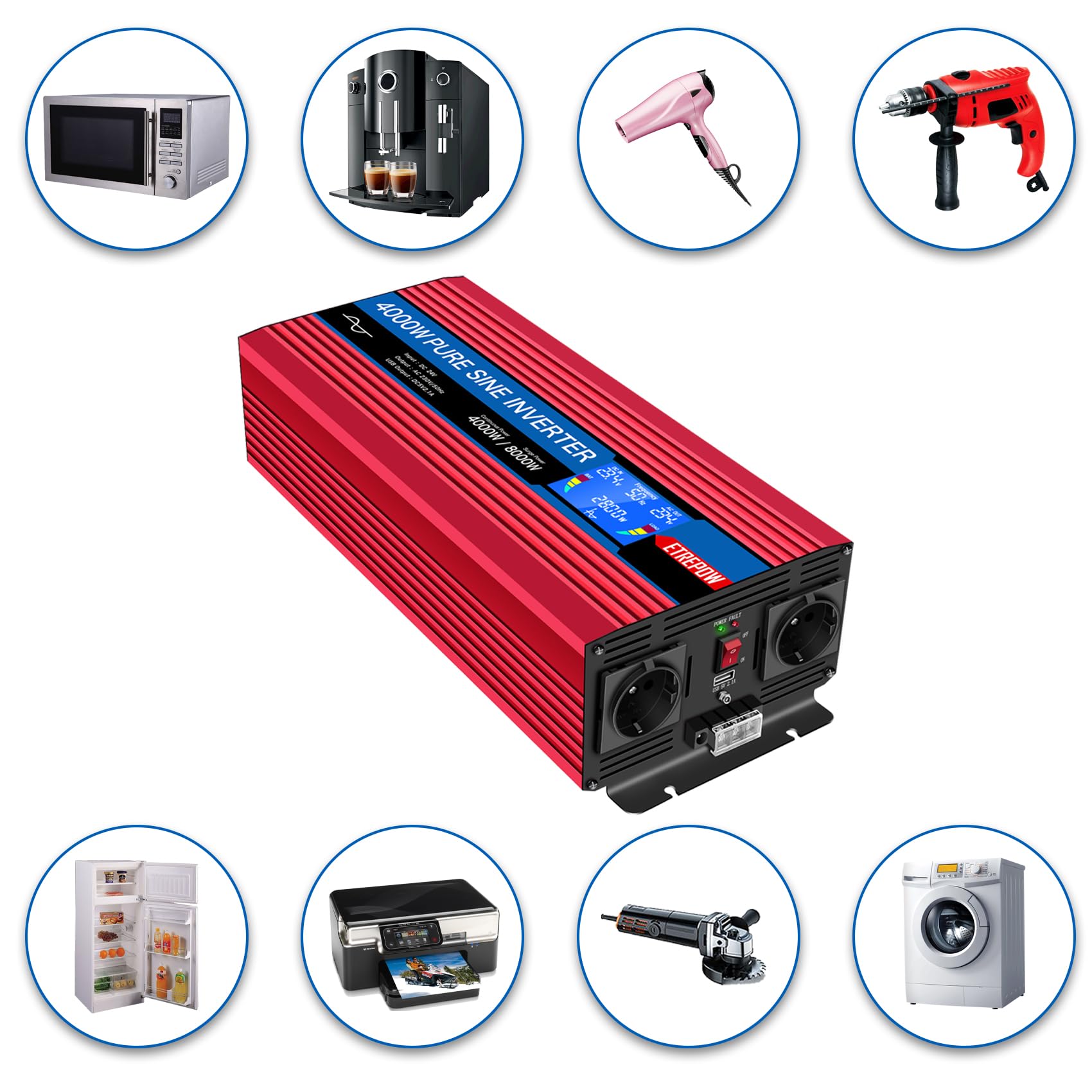 4000W convertisseur 24v 220v Pur Sinus transformateur | 2 Prises EU AC et USB, télécommande sans Fil et écran LCD Onduleur pour Les systèmes Solaire, Voiture, Camping, Voyage