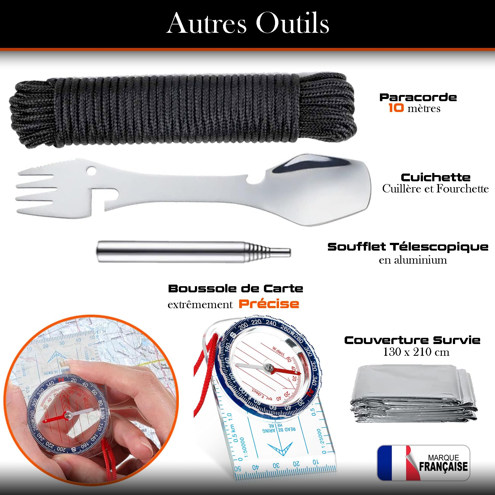 Kit de Survie Complet Francais Haute Qualité + Trousse de Secours + Paille Filtrante + Outils Multifonction + Pince Multifonction, Couverture de Survie, Kit de Survie Randonnée, Camping, Bushcraft
