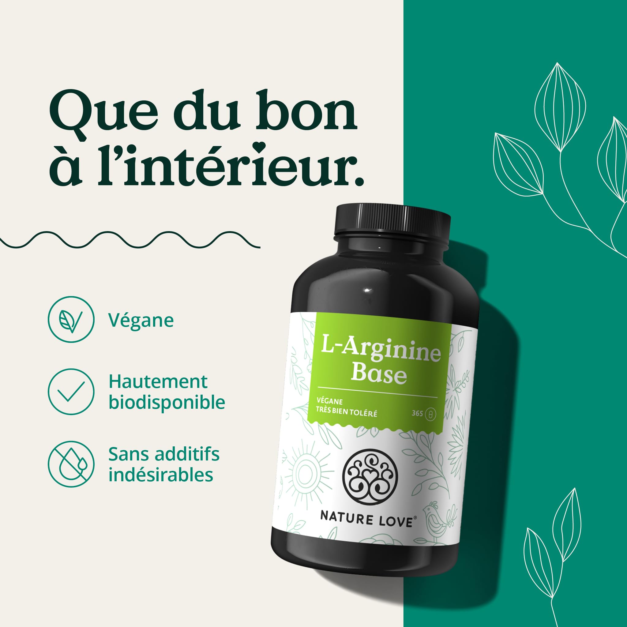 NATURE LOVE® L-arginine base avec citrulline - 365 gélules - Arginine végétale haute qualité en forme BASE avec une pureté de 99,7+% - Hautement dosé, végane, produit en Allemagne