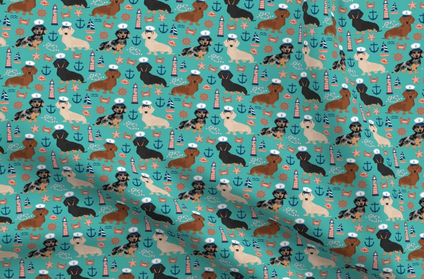 Spoonflower Fabric - Dachshund Dog Nautical Summer Turquoise Dogs Anchors Pet Portrait Printed on Upholstery Velvet Fabric Fat Quarter - Upholstery Home Decor Bottomweight Apparel
