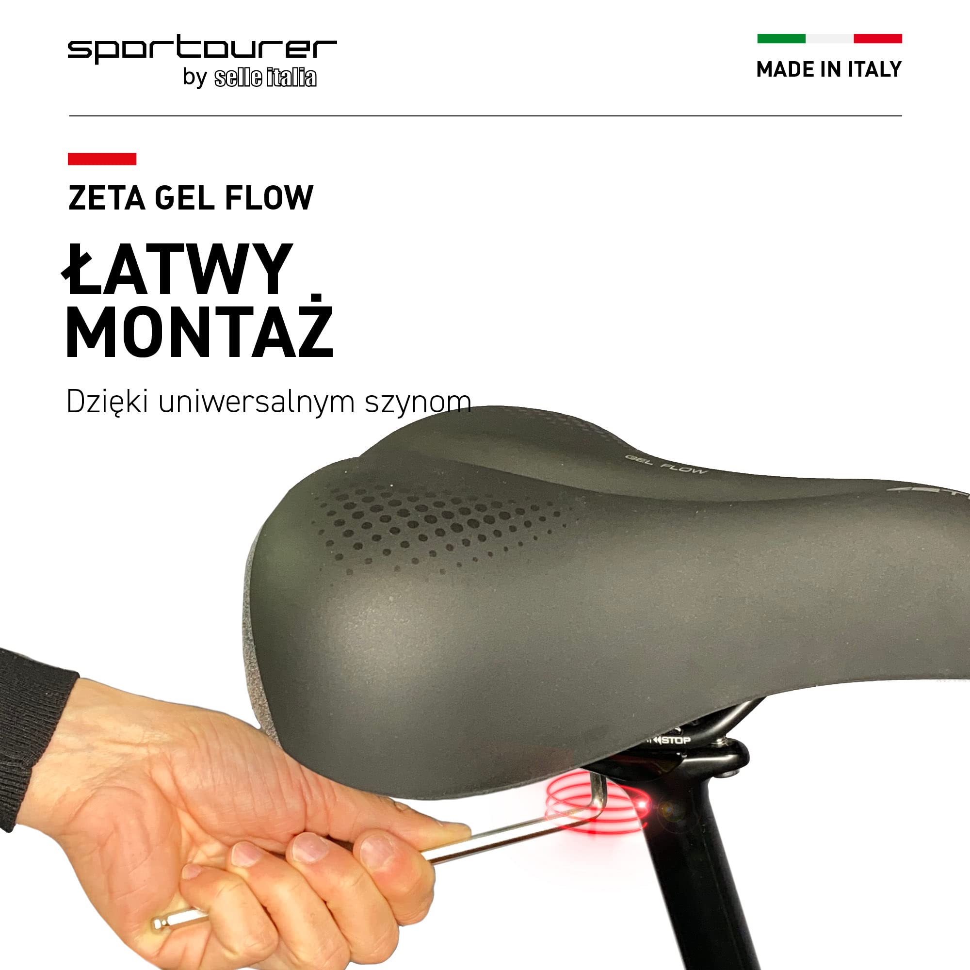 Sportourer by Selle Italia ZETA Comfort Gel Flow – Siodełko Miejskie, Żelowe, Ergonomiczne, Hi-Viz, Wodoodporne – Czarny