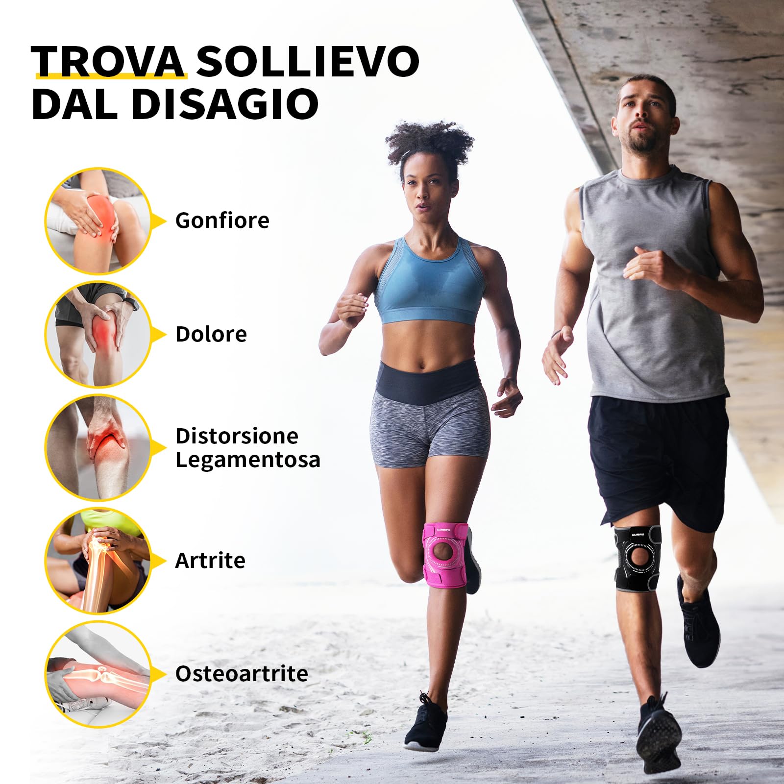 CAMBIVO Tutore Ginocchio con Stecche Laterali, Ginocchiera Ortopedica Regolabile con Foro Rotuleo, Ginocchiera Sportiva Elastica Traspirante Neoprene per Menisco Legamenti Artrite