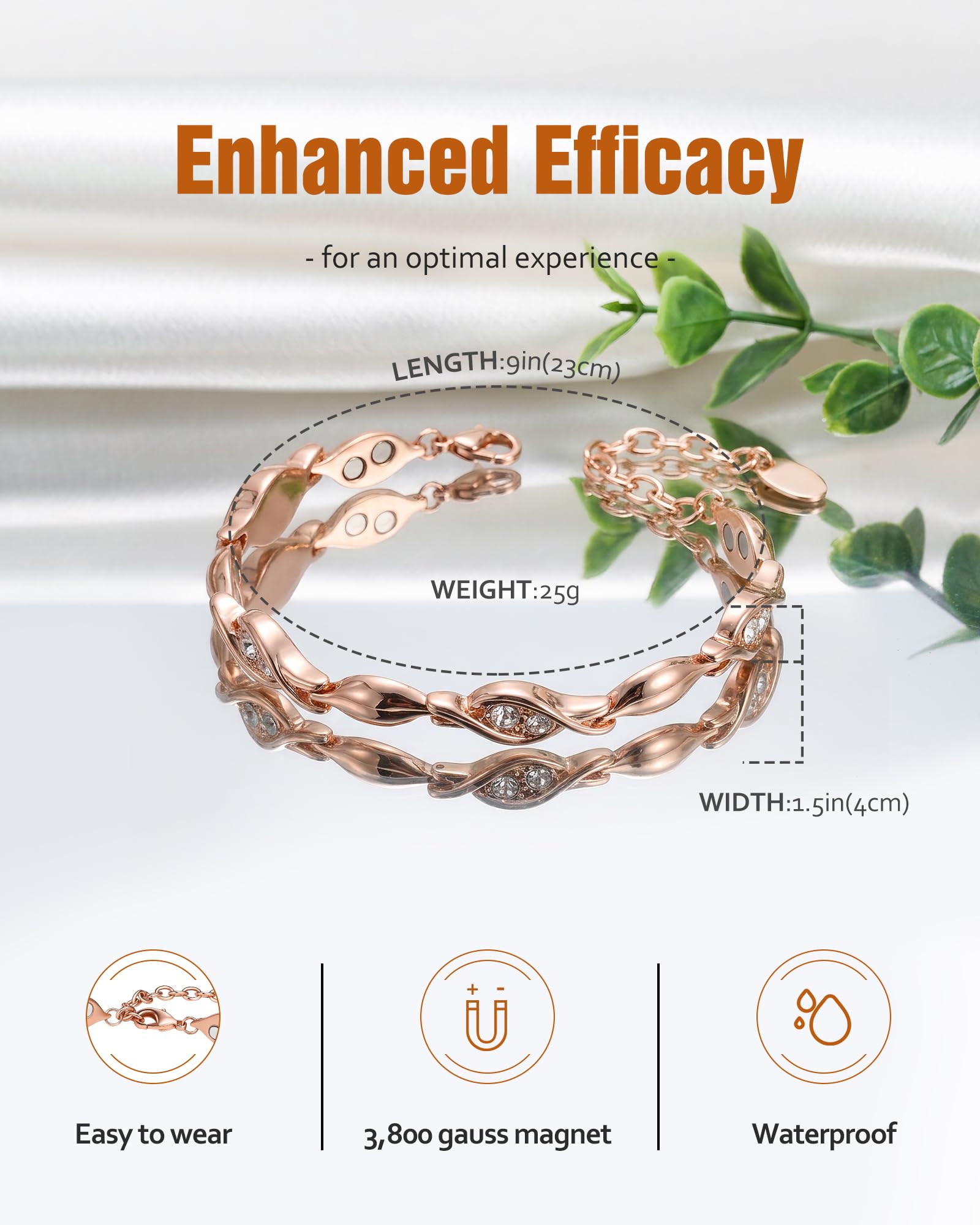 Jecanori Bracelets en cuivre pur pour femme, bracelet magnétique ultra résistant pour femme avec aimant de 3800 gauss et pierre de cristaux autrichiens éblouissants, cadeau en cuivre