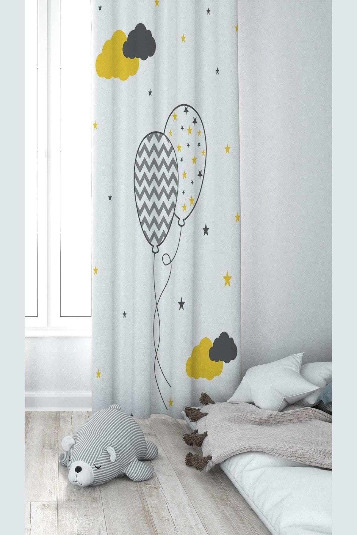Pelangi Beyaz Balon Desenli Dijital Baskı Yıkanabilir Bebek Çocuk Odası Fon Perdesi, beyaz 70 x 270