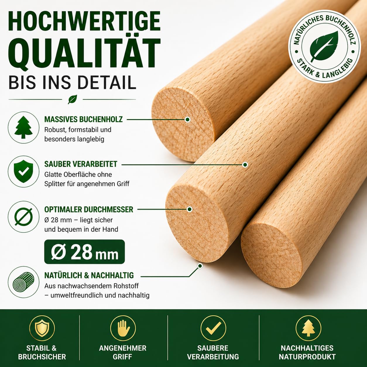 All4All Besenstiel 120cm - Holzstiel - Gerätestiel - Spatenstiel - Ersatz - Spaten - Stiel aus Buch - Ersatzstiel - Gartengeräte - Buchenholz - Spatenstiel (10 Stück)