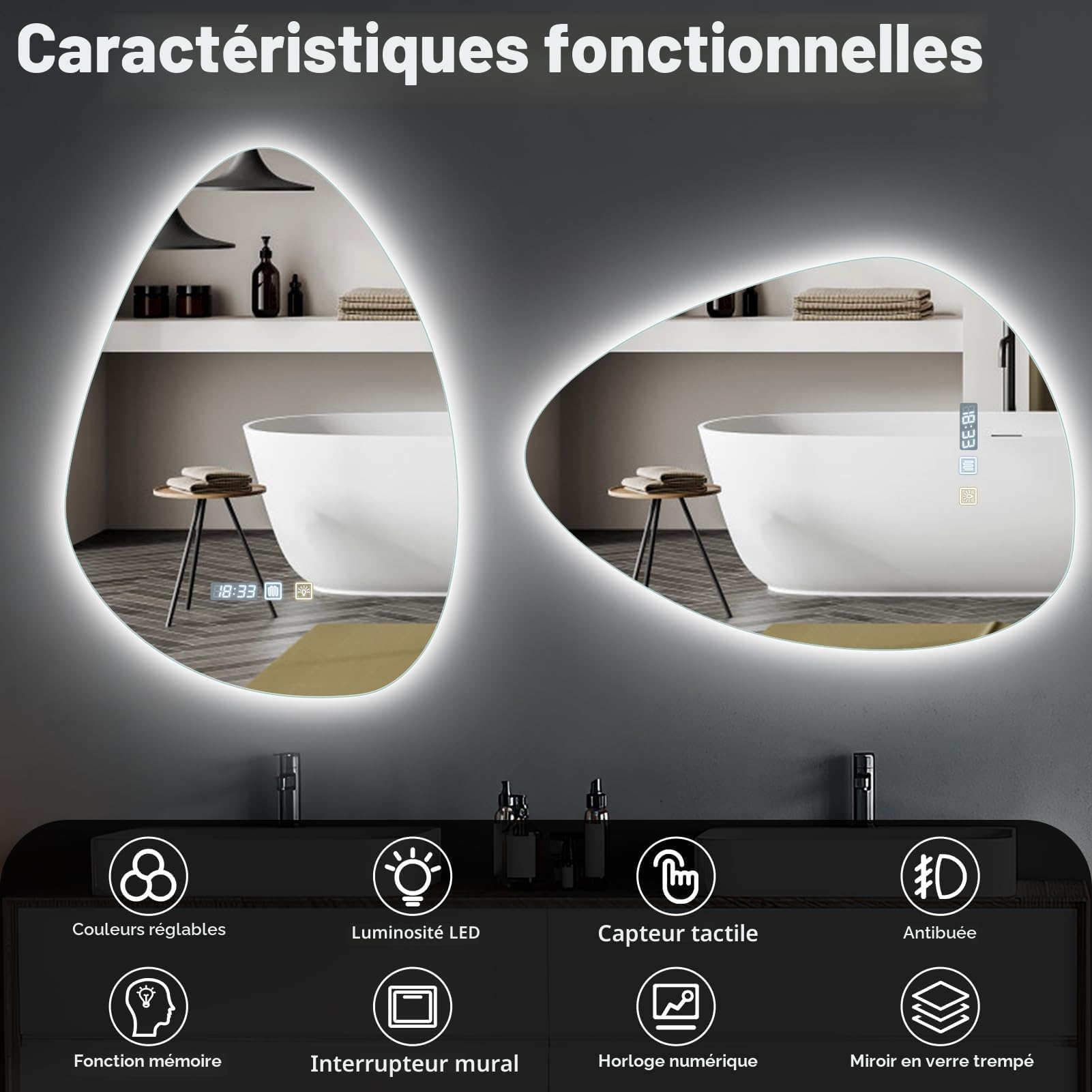 papasbox Specchio da bagno con illuminazione dimmerabile (3000K, 4000K, 6500K) con interruttore touch, antiappannamento, impermeabile IP44, a forma di goccia, 500 x 700 mm