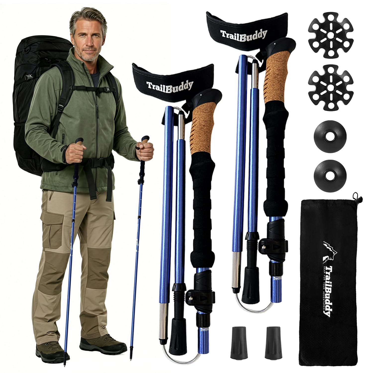 TrailBuddy Foldable Trekking Poles – Foldable Hiking Poles, Ultralight 7075 Aluminum, Telescopic Design, EVA + Cork Grip, Lightweight Adjustable Walking Sticks for Men, Women, Seniors - Blue-image-49