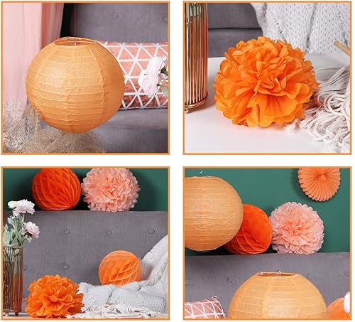 Miniatura 5 de SUNBEAUTY Juego de 6 pompones naranjas para decoración de cumpleaños, abanicos de papel, decoración de fiesta naranja