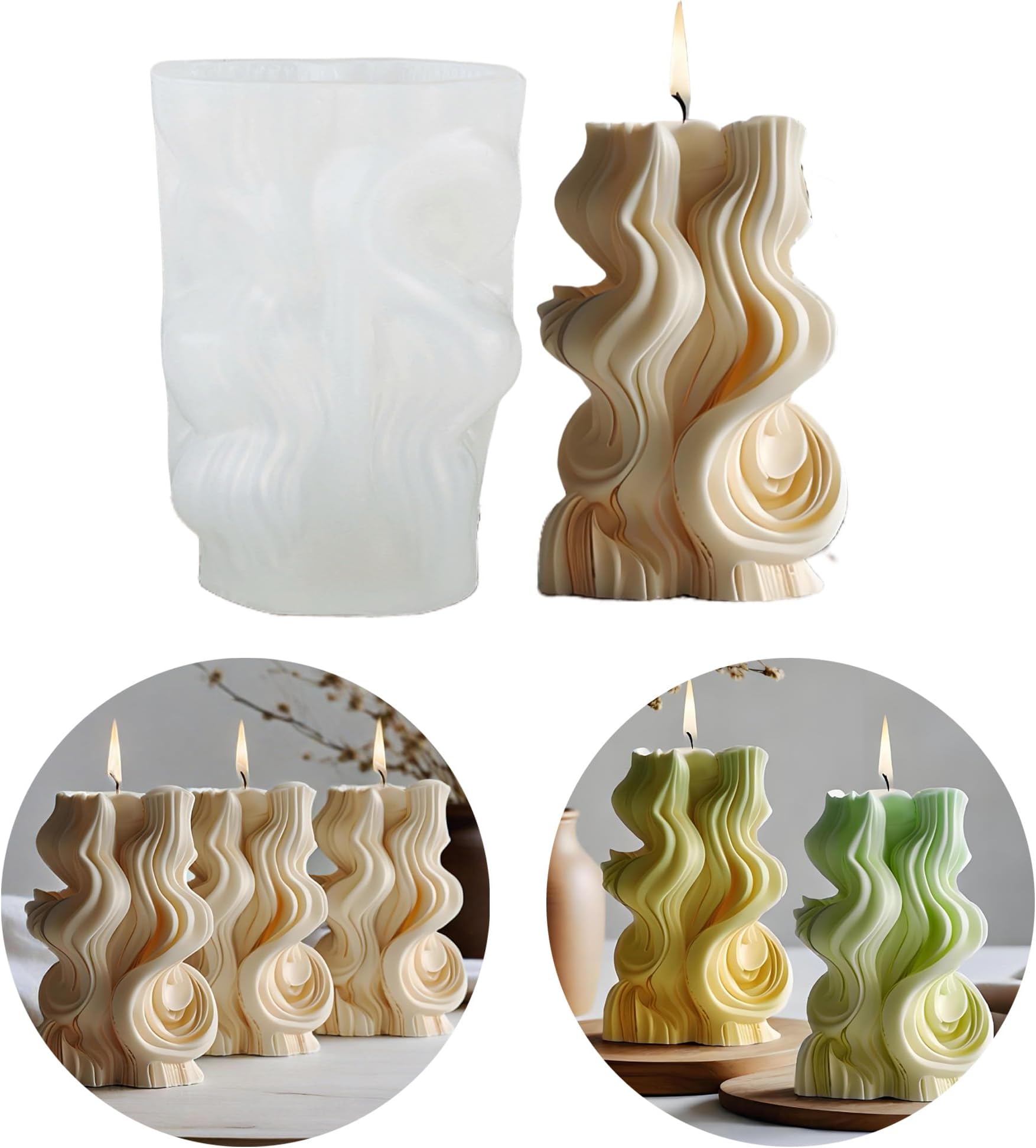 Cylinder Wave Candle Molds for Candle Making, 3D DIY Irregular Geometric Soap Mold for Soap Making, Carved Wave Spiral Pillar Epoxy Resin Casting Plaster Ornament Moulds for Home Decor