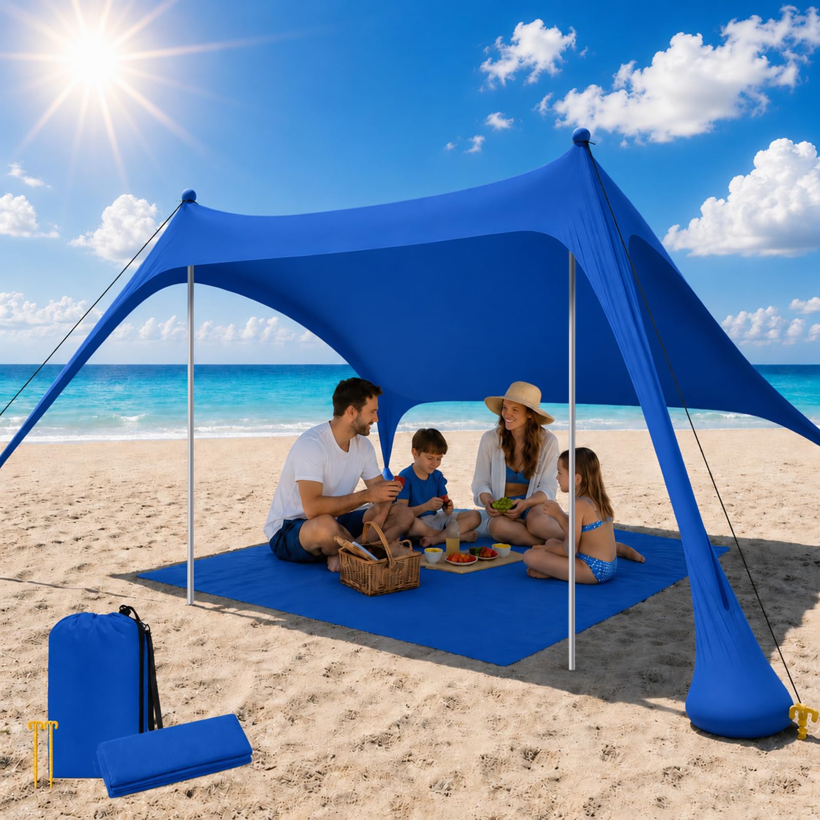 Tenda da spiaggia con protezione dai raggi UV, tenda da sole per gite in campeggio, tenda da spiaggia portatile, tenda da spiaggia con ancora di sabbia, asta in alluminio, 6.5x6.5FT, Blu scuro