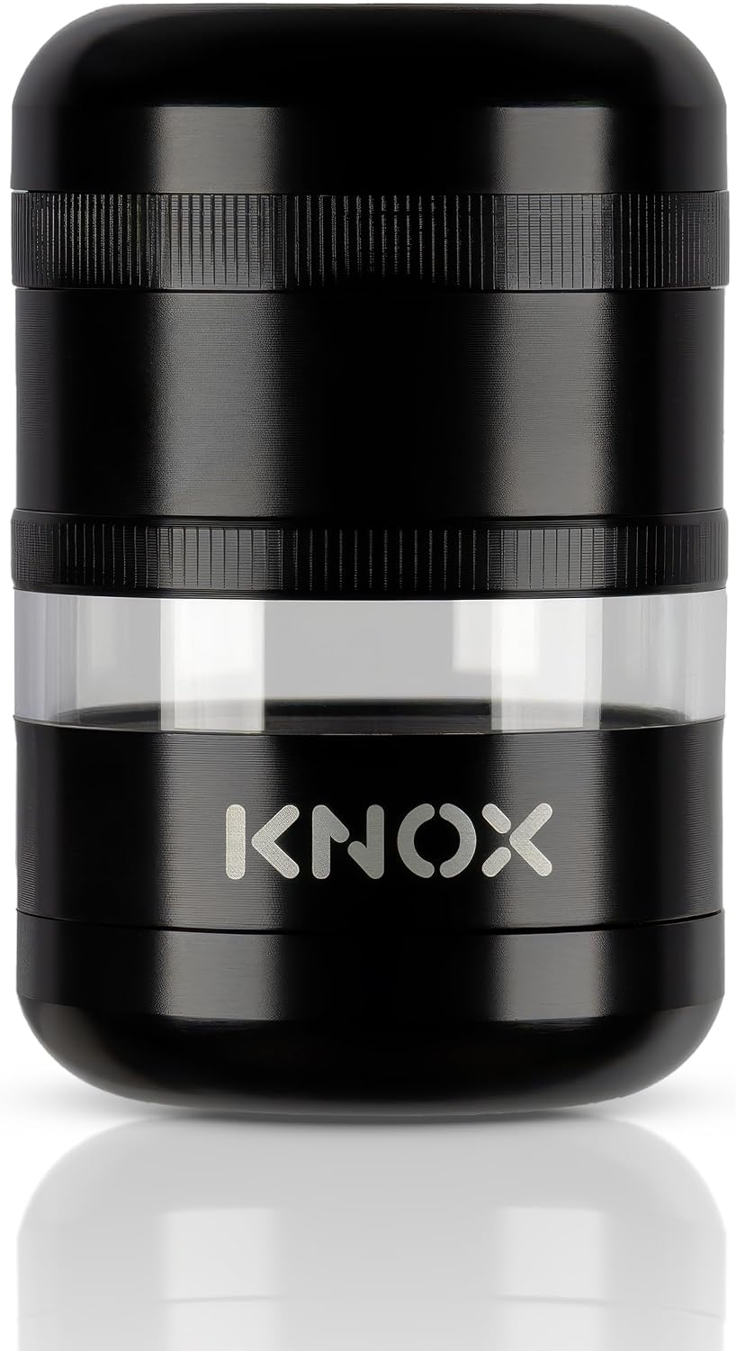XBit 2.3-Inch Aluminum Spice Grinder, 6-Piece, Clear Chamber, Fine Grind, Storage Compartment, Magnetic Lid, Black