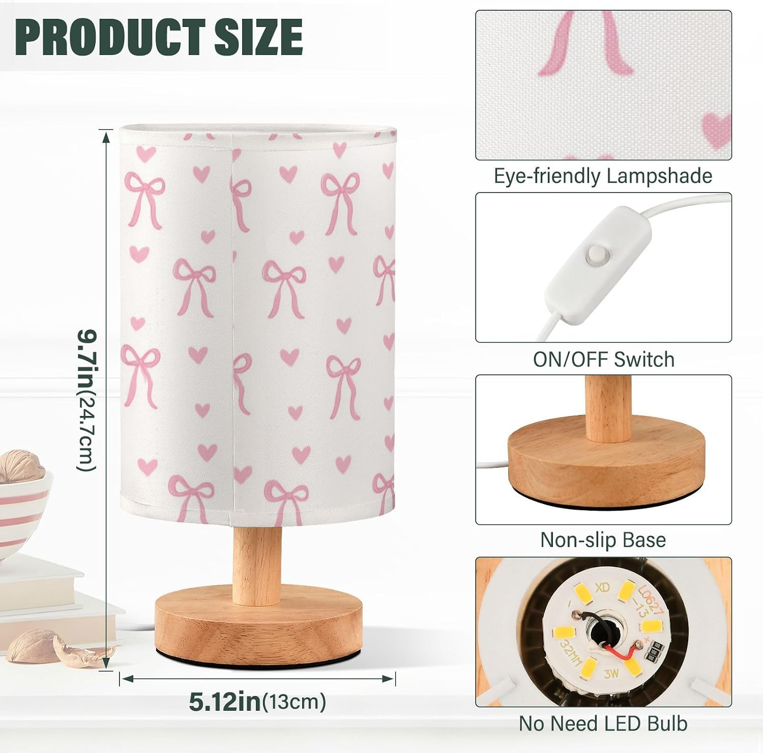 Wusikd Cute Pink Table Lamp Ribbon Bow LED Desk Light USB Nightstand Lamp with Non Slip Wood Base & Eye-Friendily Lampshade for Living Room Bedroom Dorm Home Office Desk Decor