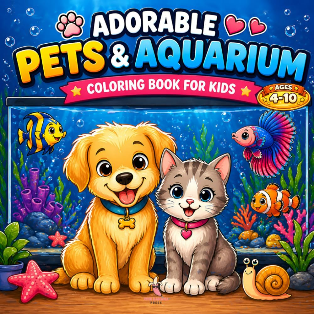 Adorable Pets & Aquarium Animals: Fun & Easy Coloring Book for Kids Ages 4–10 (Adorable Animals Series)