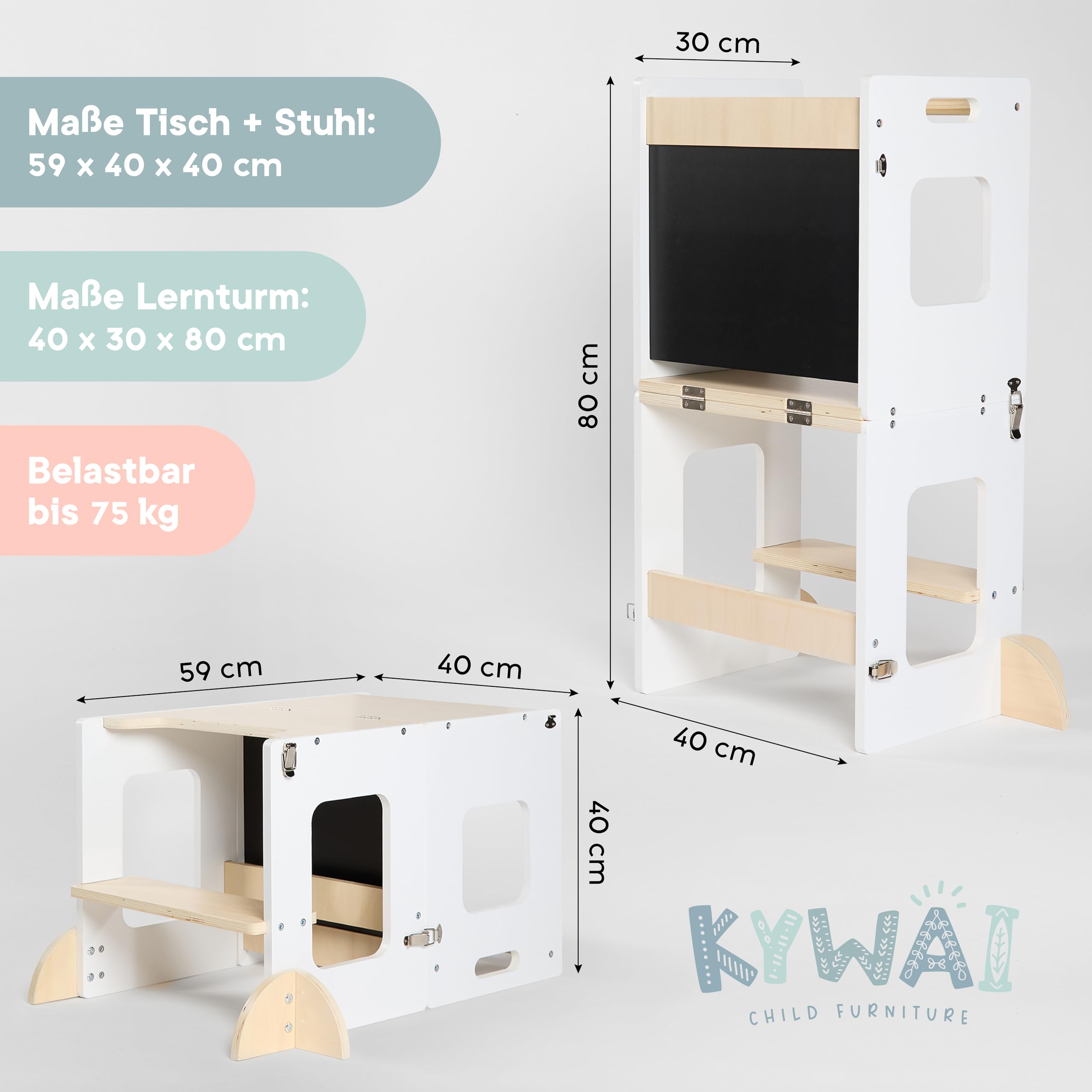 Lernturm ab 1 Jahr – Lernturm Klappbar 3 in 1 mit Tafel – Learning Tower für Kinder – Faltbar mit Sicherheitsfüßen – Aus Nachhaltigem Holz – Stabiler Montessori-Hocker für Zuhause
