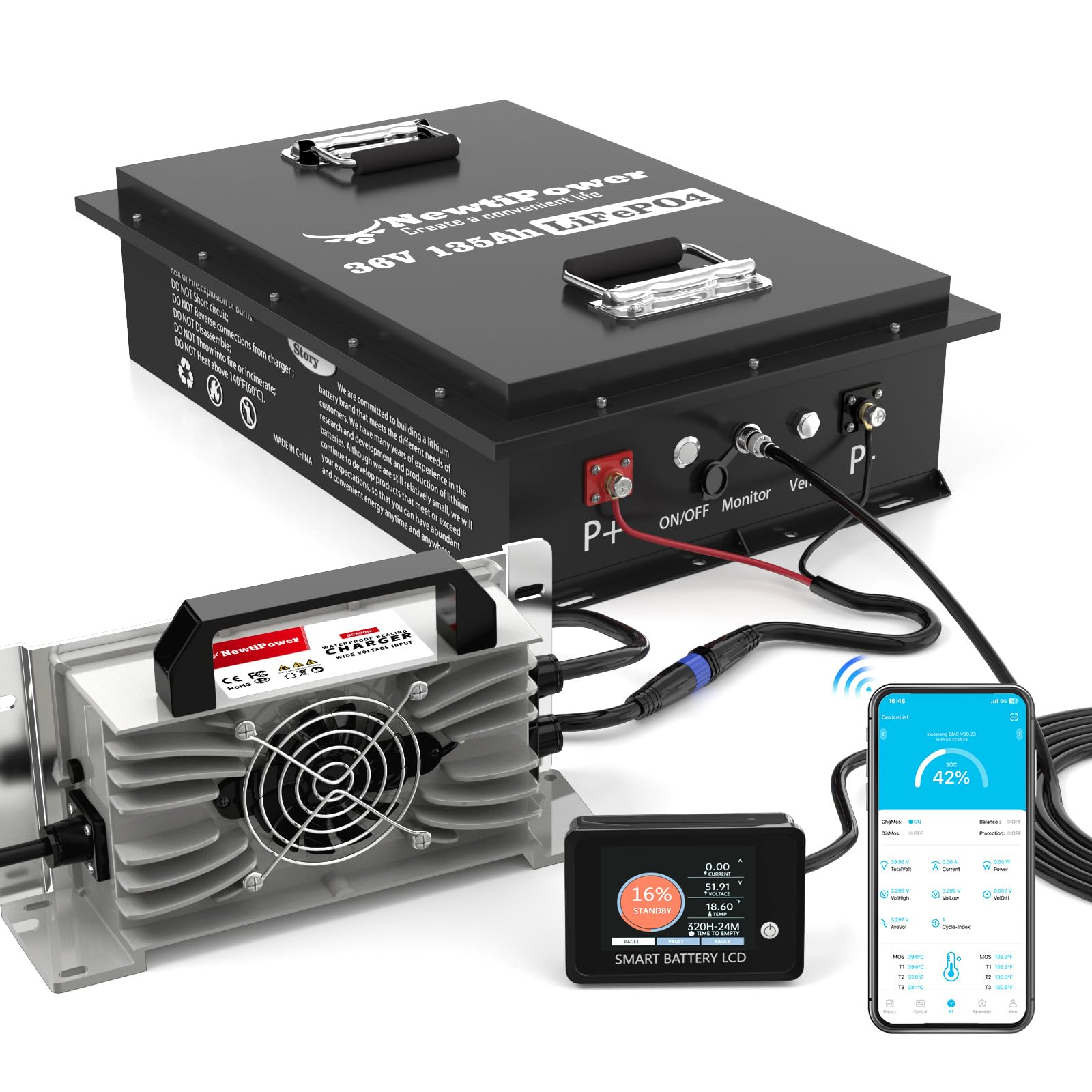 36V 135Ah Golf Cart LiFepo4 Lithium Battery with Charger and Monitor, 10 Years-Lifetime, Perfect for Golf Cart, Boat, Solar Power Storage, Off-Grid (