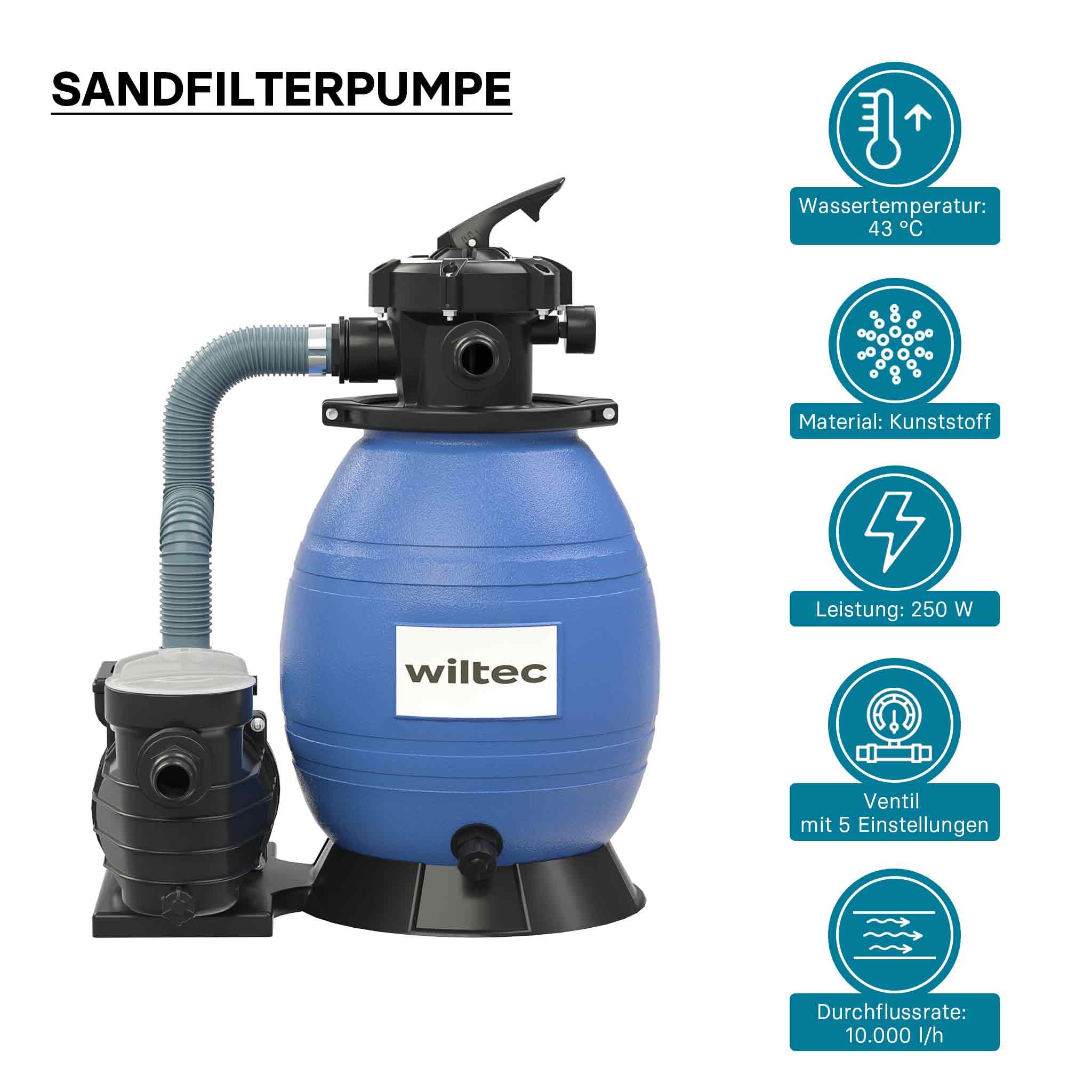XPOtool Filtro a sabbia per piscina, 250 W, serbatoio filtrante 26 l, pompa piscina autoadescante 10.000 l/h