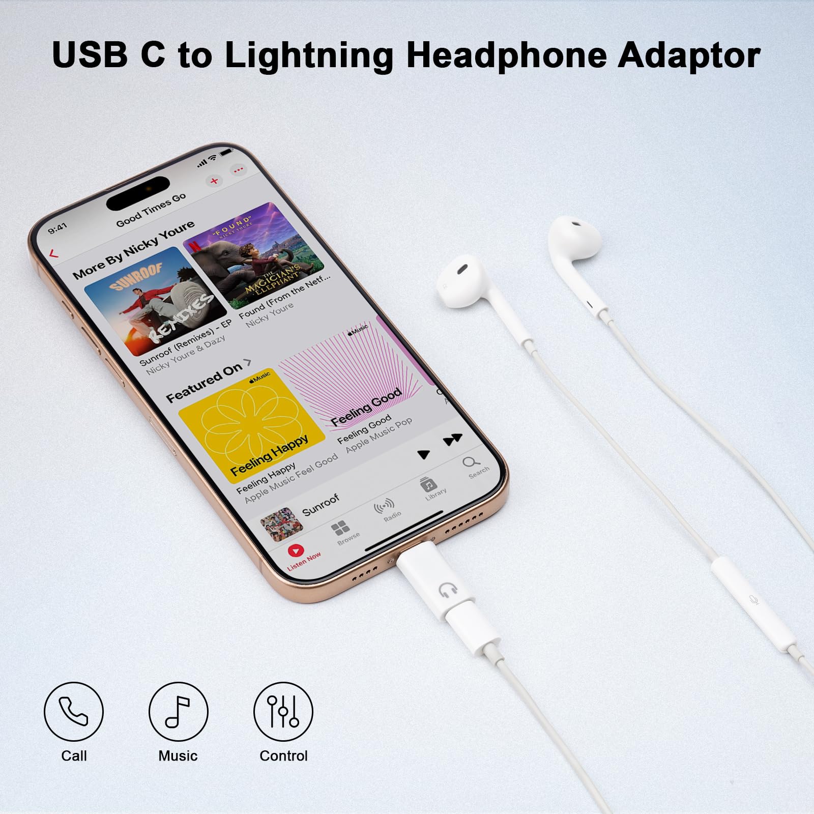BORLTER CLAMP Lightning to USB C Adapter for Headphones Support Line Control, Lightning to USB-C Audio Adapter Compatible with iPhone 16/15 Series, iPad and Other Type-C Audio Ports