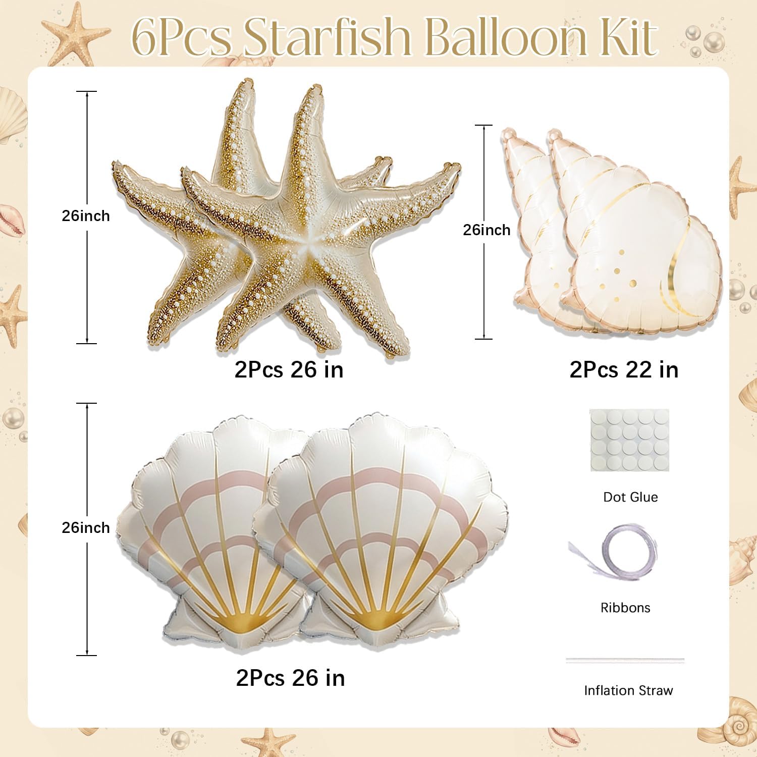 6 Pack Champagne Seashell Balloon Set, Starfish, Seashell & Conch Foil Balloons for Under the Sea, Mermaid Birthday, Beach Party, Coastal Baby Shower, Bridal Shower, Ocean Theme Decorations