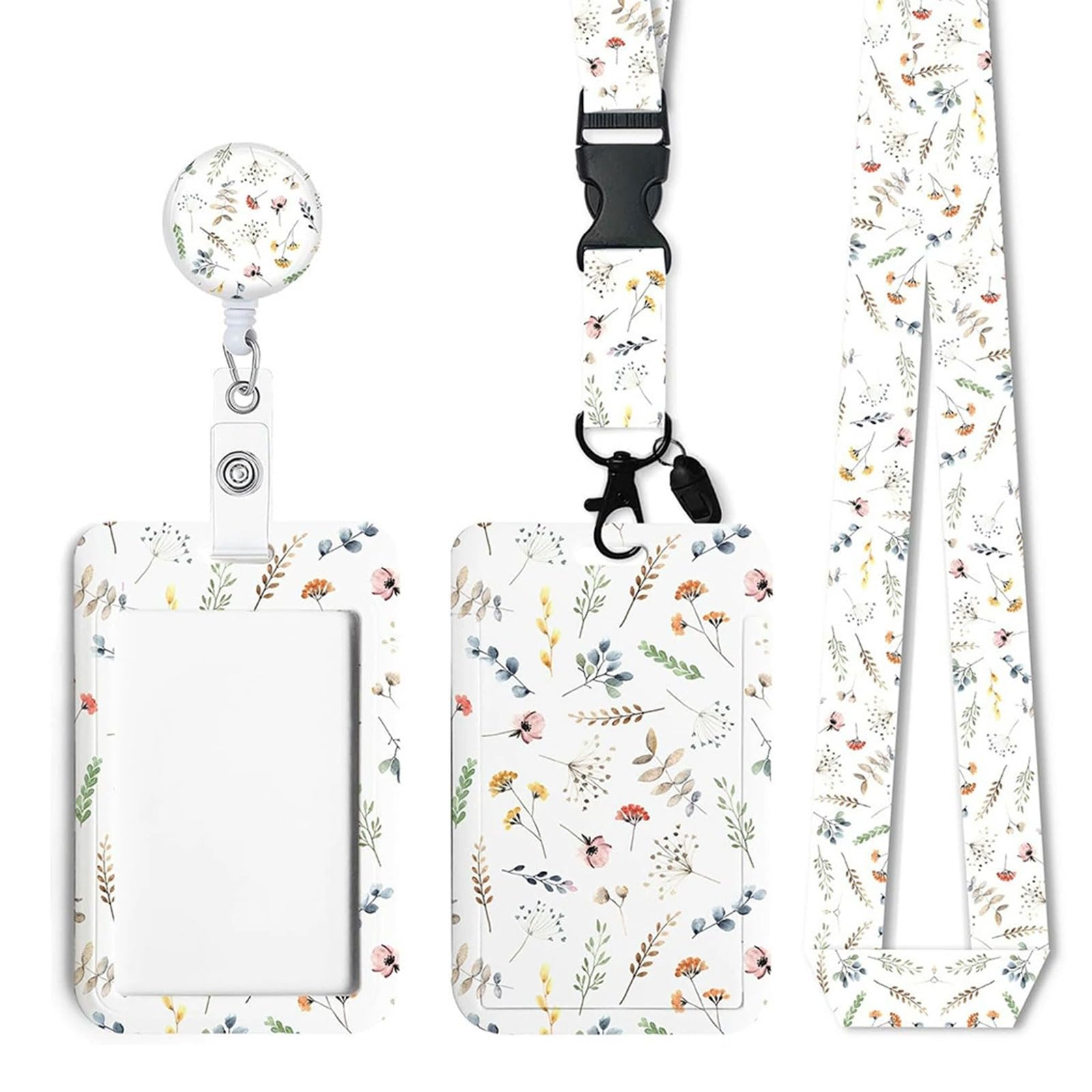 LEBKFT Sliding Badge Holders, Plastic Card Holder with Retractable Badge Reel Carabiner and Detachable Lanyard Vertical ID Protector for Office Worker Teacher Student Nurse (Leaf)