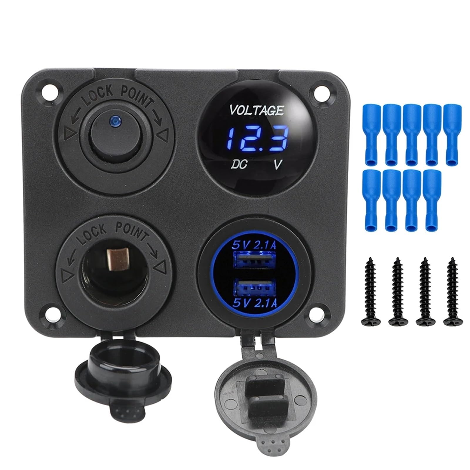 For Schiffe Marine RV Truck Camper Fahrzeuge Schalter 12V Zigarettenanzünder 4 In 1 Autoladegerät Dual USB Ladegerät Panel Auto, Boot, Wohnmobil(Blue)