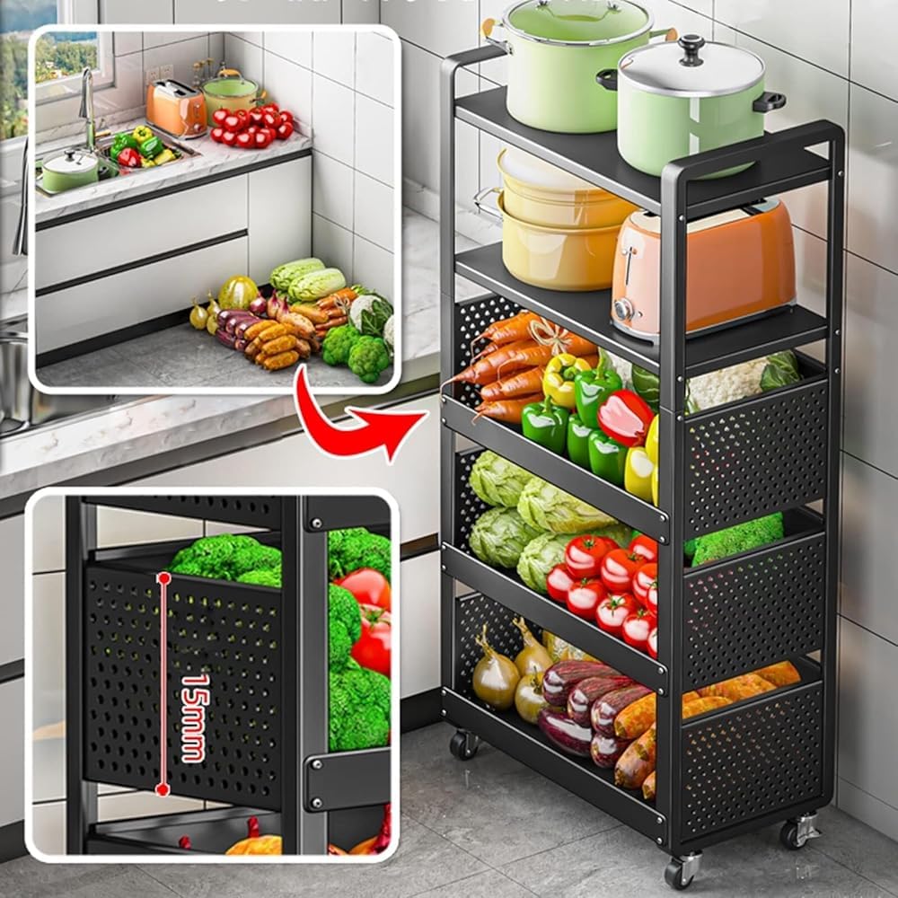 Carrito de cocina rodante de metal con ruedas para verduras y frutas, organizador de estantes multiusos