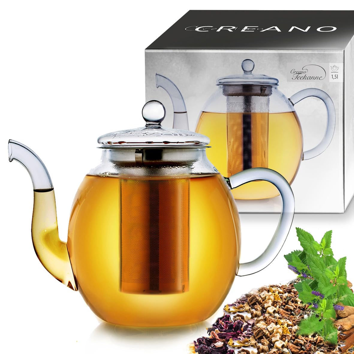 Creano Glass Teapot , 3-Piece Glass Teapot with Integrated Stainless Steel Strainer and Glass Lid, Ideal for Preparing Loose Teas, Drip-Free, All-in-One- Transparent, 1.5L