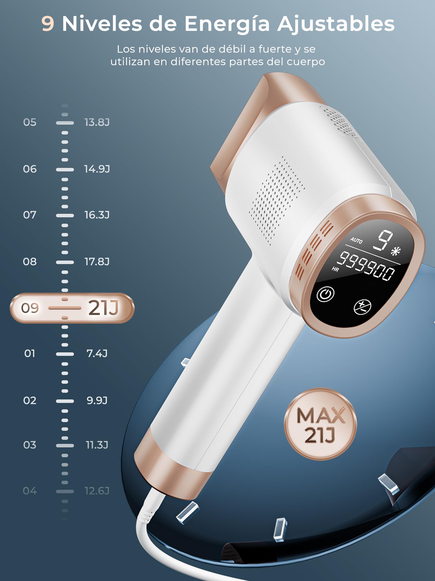 21J Depiladora Laser con Función de Refrigeración, 600-1200NM Depiladora Luz Pulsada con 9 Niveles de Energía, Pantalla Táctil LCD para Mujer y Hombre, Bikini, Axilas, Cara, Cuerpo Blanco