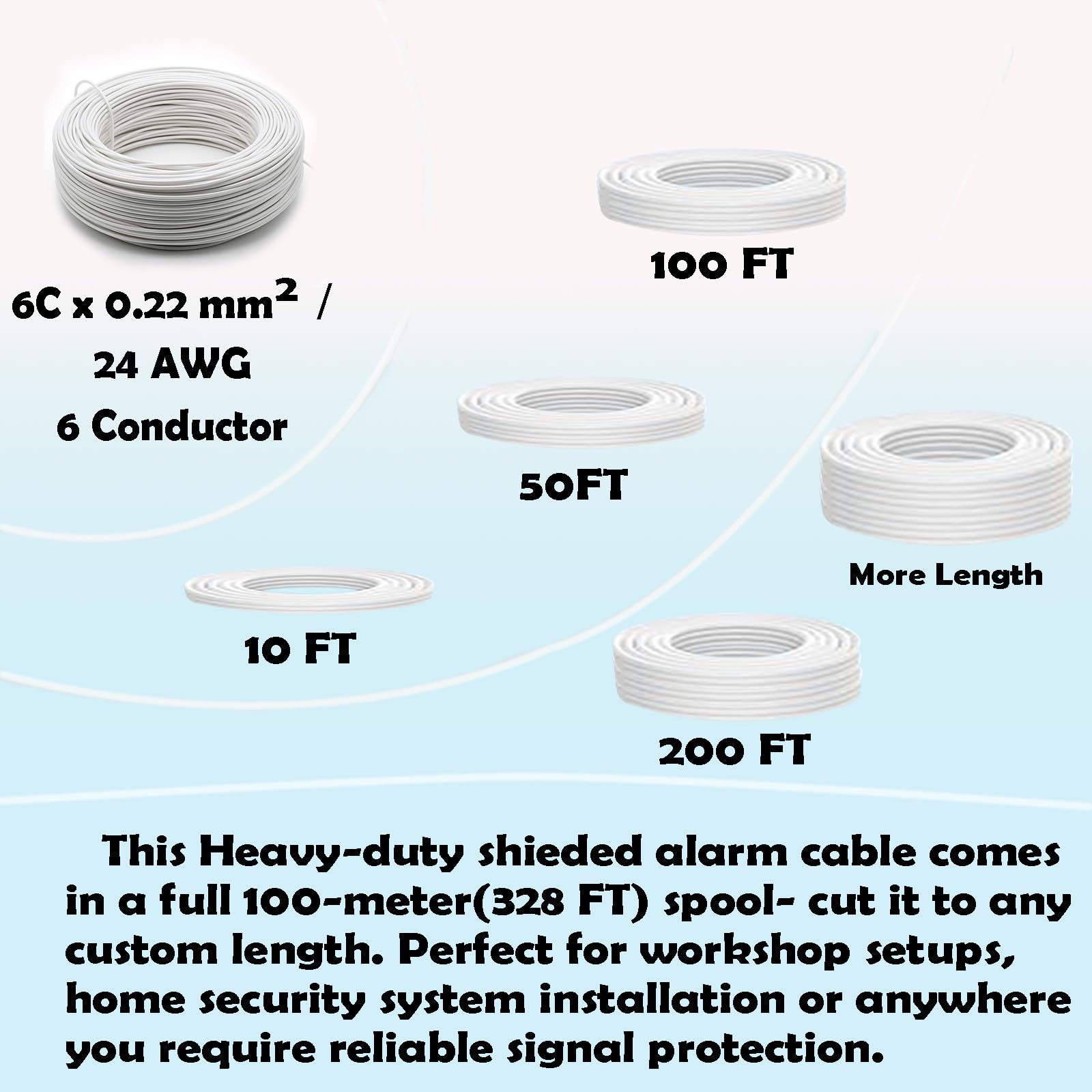 Cable de alarma blindado, 6 C x 0,22 m², cable de alarma CCA, cable de control de alarma, cable de seguridad, aluminio recubierto de cobre, para estación antirrobo de fuego/sonido, cable de seguridad