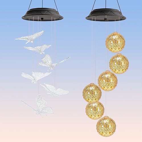 Campanillas de viento solares, 2 carillones de viento LED que cambian de color automático mariposametal dorado, carillón de viento decorativo