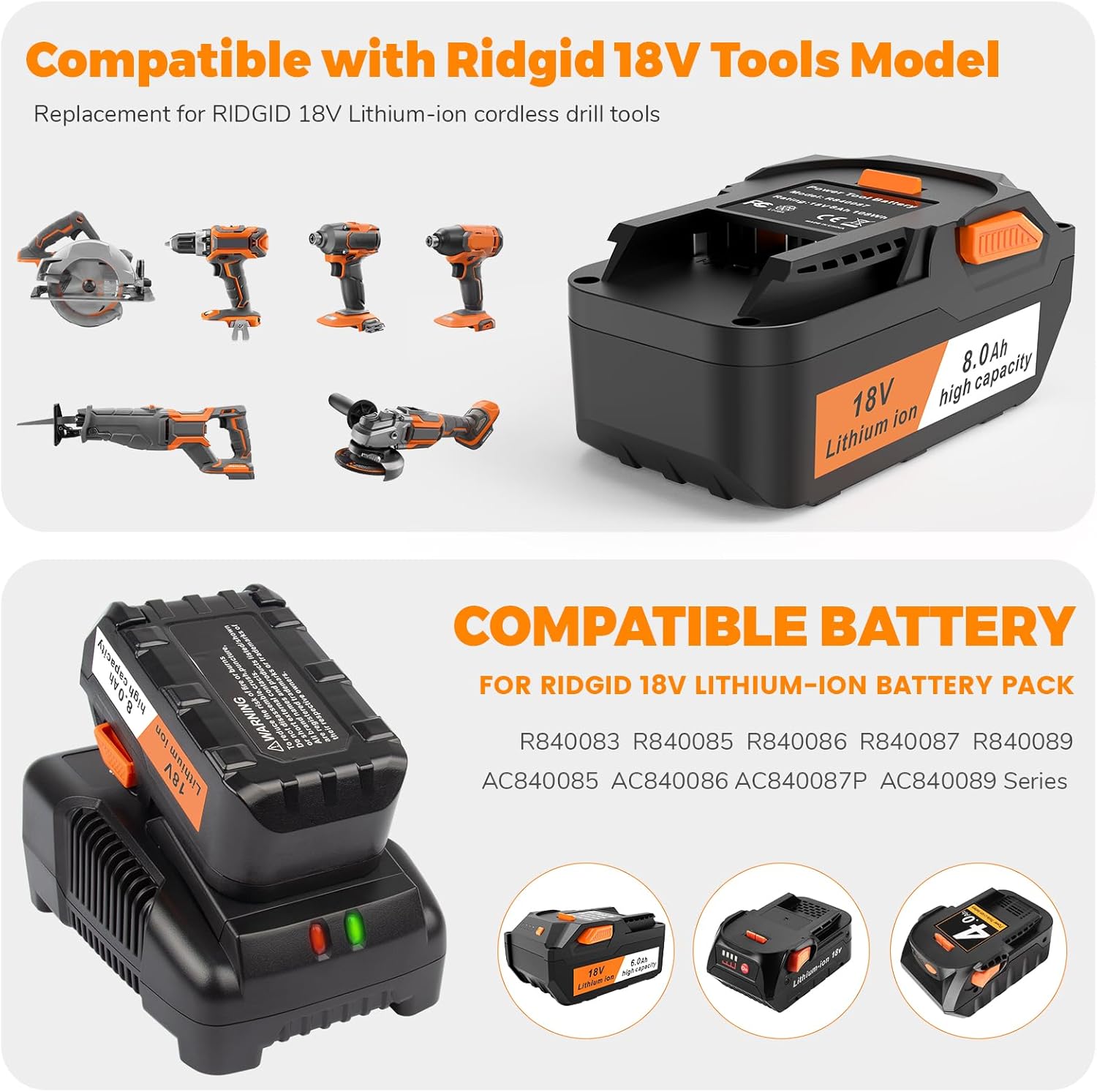 ARyee 18V 8.0Ah Replacement Ridgid 18V Battery Compatible with 18Volt R840087 R840083 R840086 R840085 R840084 AC840085 AC840086 AC840089 with R86092 Battery Charger