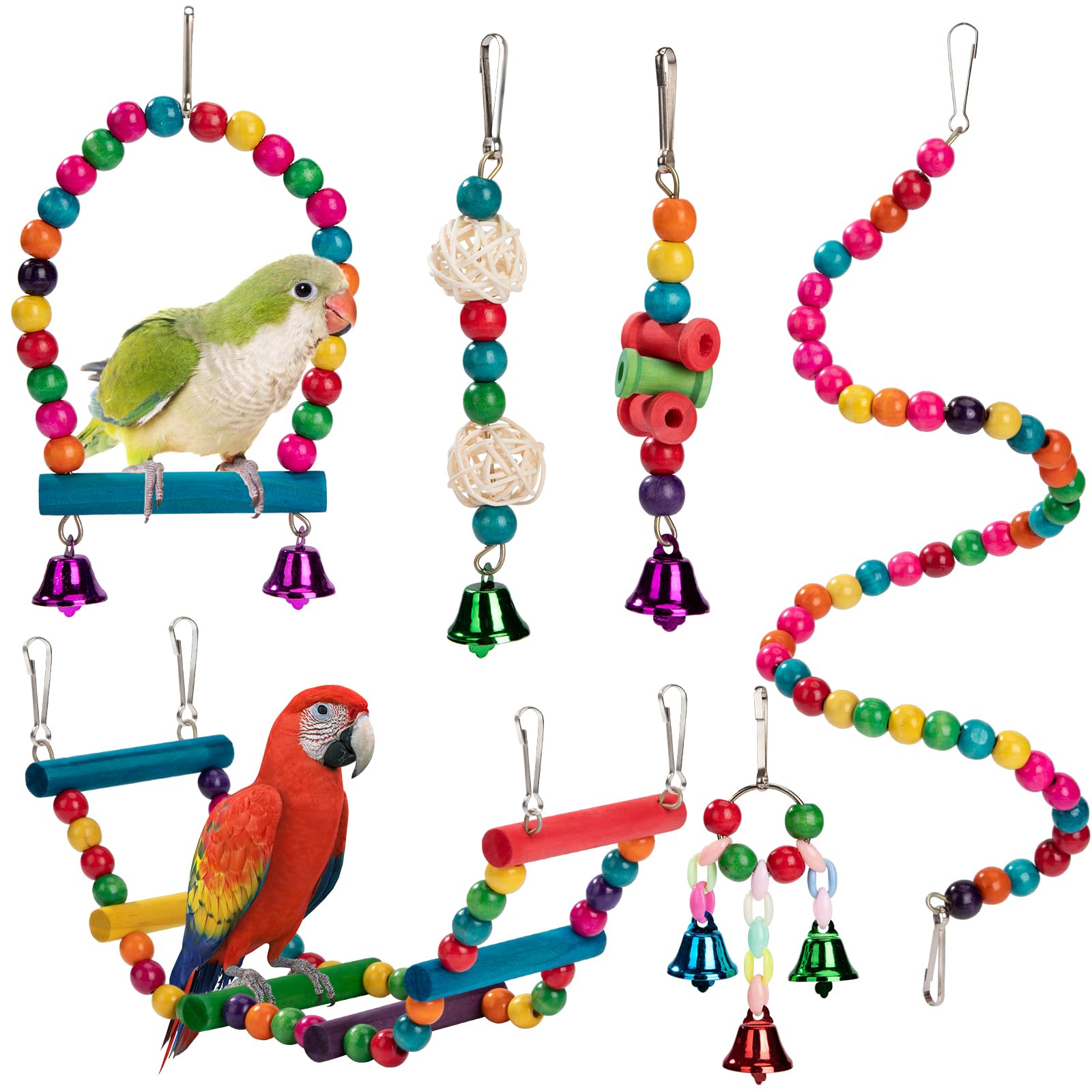 YSQEVN Juguetes para Pájaros Vistoso Juguetes para Colgar para Pájaros con Columpios de Pájaros, Campanas, Escalera de Madera para Pequeños y Medianos Loros de Aves 6 Piezas