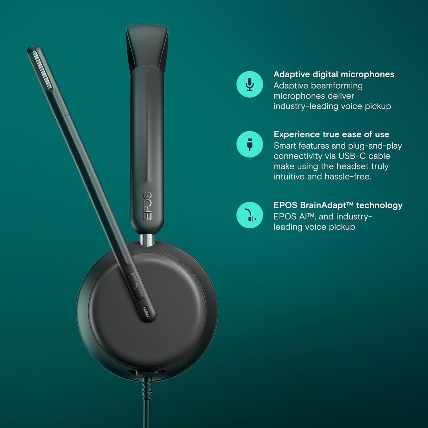 Gambaran jarak deukeut tina earcup sareng mikropon EPOS Impact 860, anu ngajelaskeun sacara rinci mikropon digital adaptif, gampangna dianggo, sareng téknologi EPOS BrainAdapt.