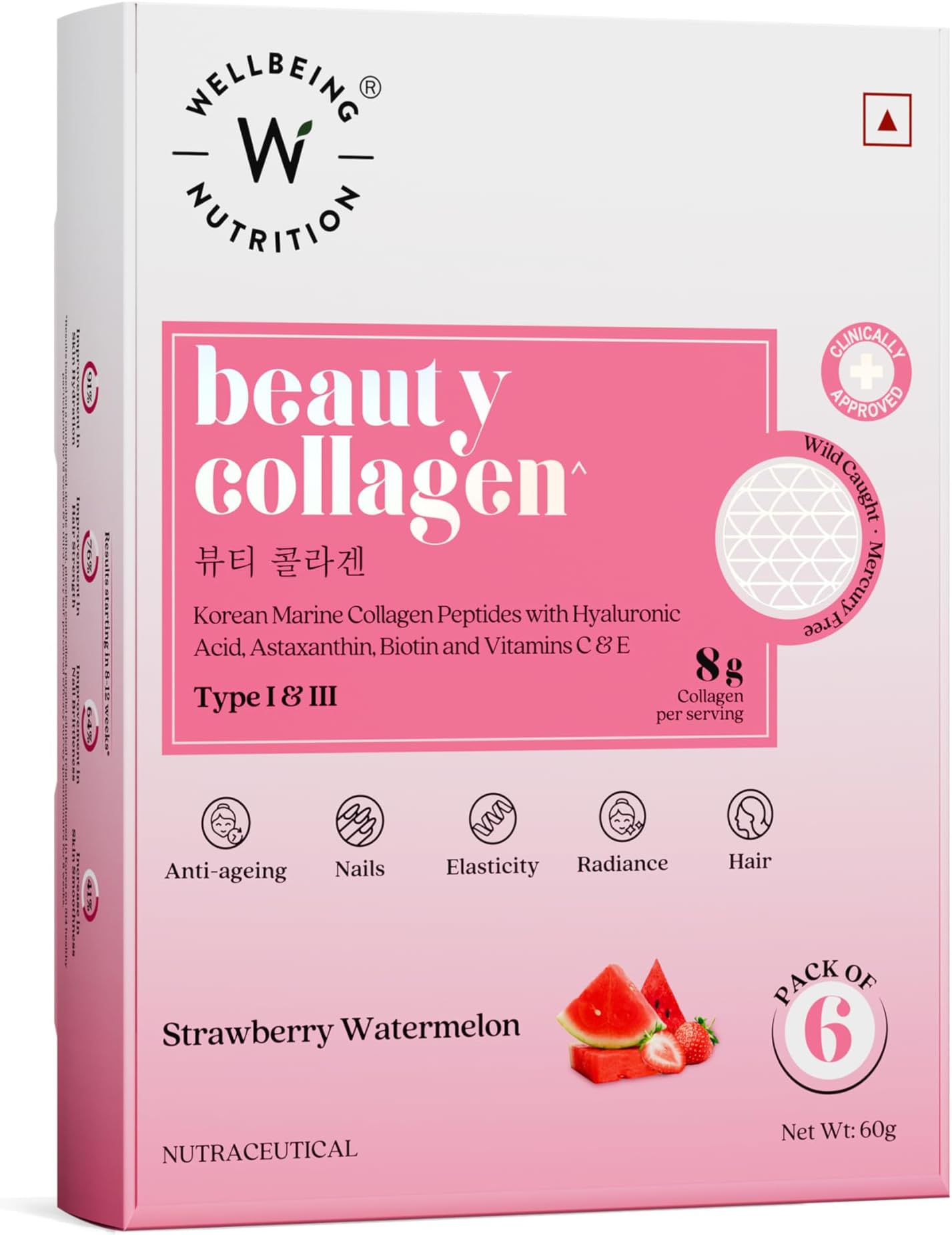 Beauty Korean Marine Collagen|Type 1 & 3 Peptides, Hyaluronic Acid, Astaxanthin, Biotin, Vit C|Hydration, Elasticity, Hair Growth|Strawberry Watermelon 6 Sachets, 1 count, 48 grams