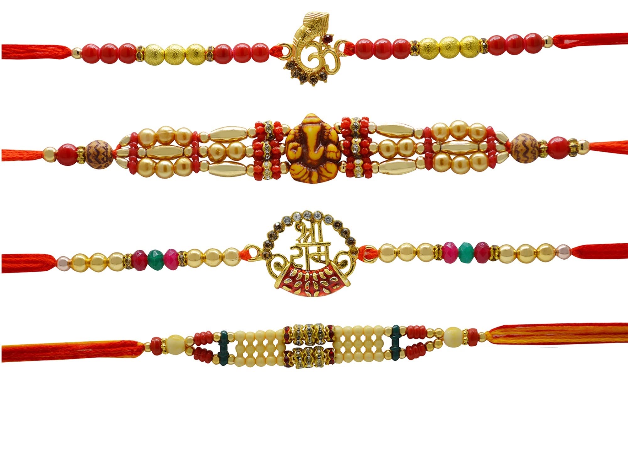 MitranDeRakhi For Brother I Set Of 4 Rakhis I Raksha Bandhan Bracelets On A Card For Brother/Siblings - OM, Ganesh ji, Shree Ram Design & Multi colored Hand made Rakhi Set, 6 7 inch