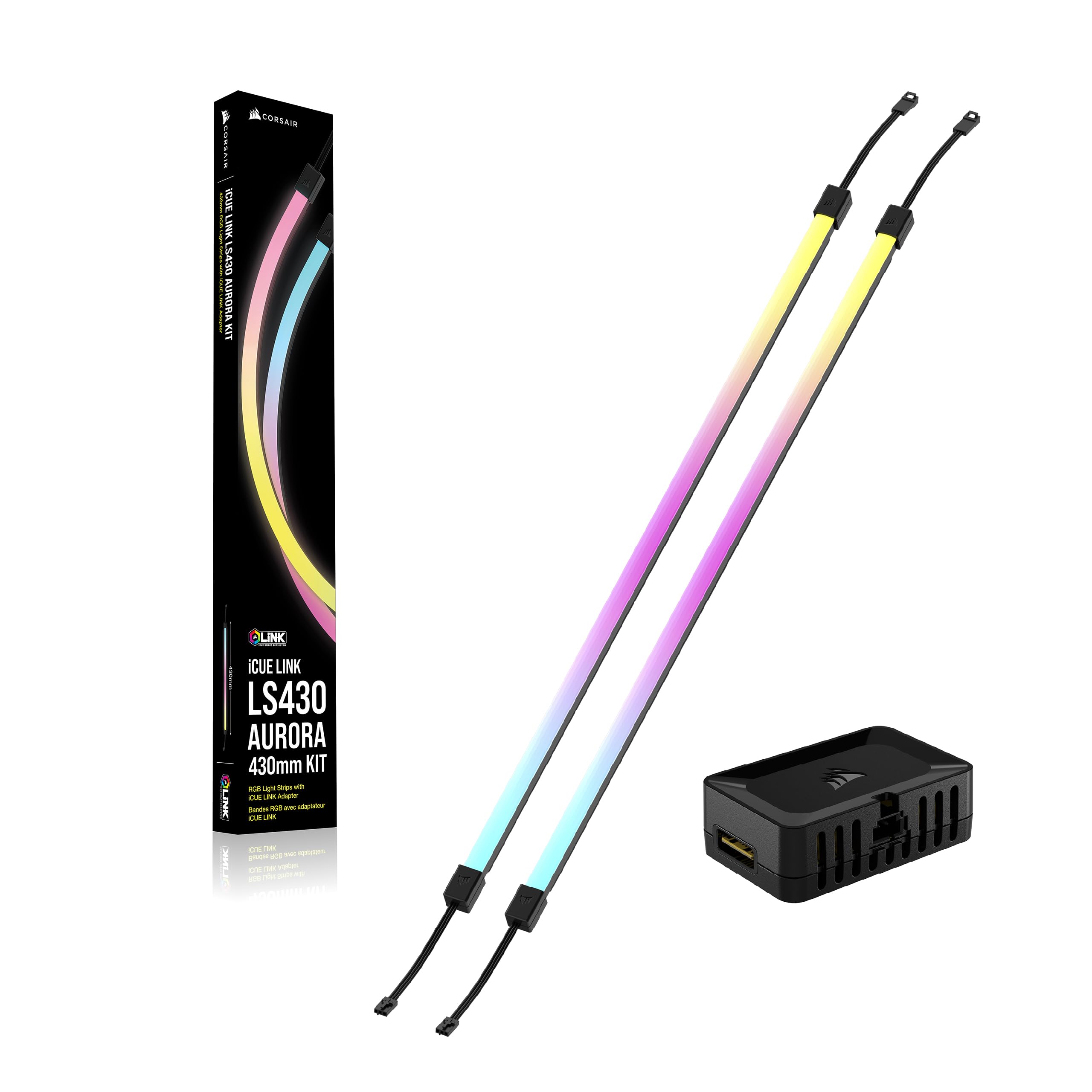 CORSAIR iCUE LINK LS430 Aurora RGB Pasków Świetlnych 430mm Zestaw – 2x Magnetyczne Rozproszone Indywidualnie Adresowalne Taśmy LED RGB – Adapter iCUE LINK i 3-Stykowy Kabel ARGB na iCUE w Zestawie