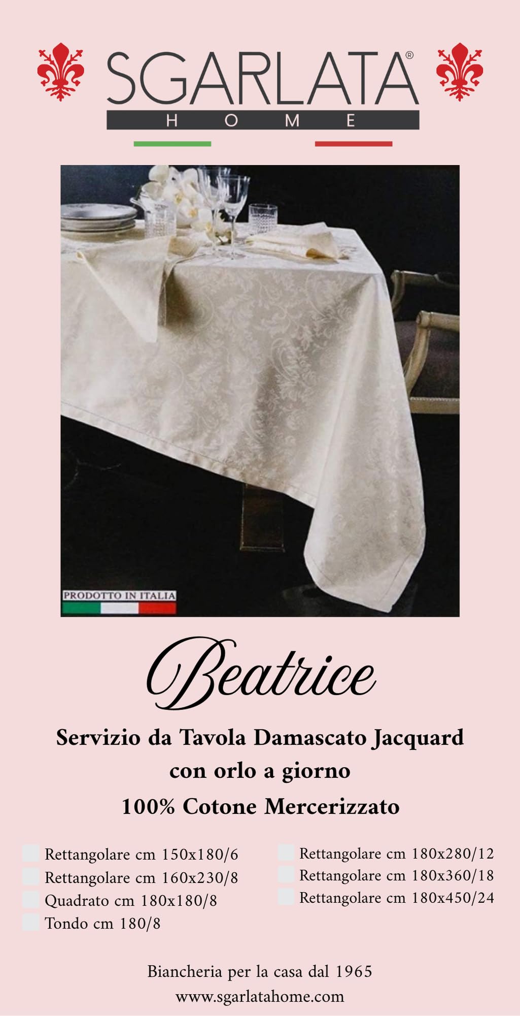 Tovaglia da Tavola con Tovaglioli in Fiandra Damascata Jacquard con Orlo a Giorno 100% Cotone Mercerizzato Art. Beatrice (Bianco, Quadrata x 8 persone cm. 180x180)