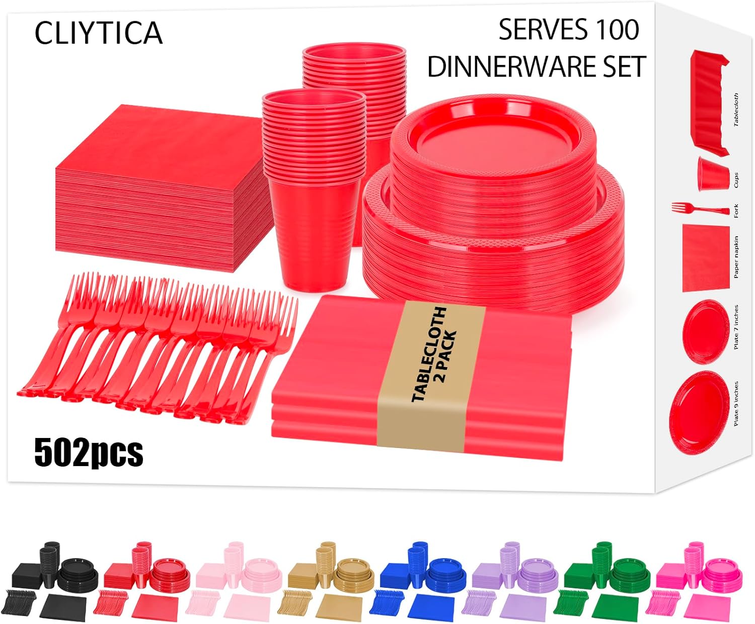 Red Plastic Dinnerware Set for Party, Disposable Plates for 100 Guests, 9" Dinner Plates & 7" Dessert Plates,Cups,Napkins,Forks,Plastic Plate Set for Birthday,BBQ,Christmas
