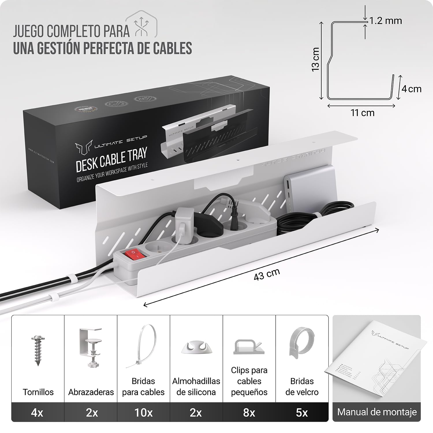 Bandeja de gestión de cables debajo del escritorio sin taladro, gestión de cables de escritorio, organizador de cables, gran capacidad de carga, bandeja de cables debajo del escritorio sin taladro